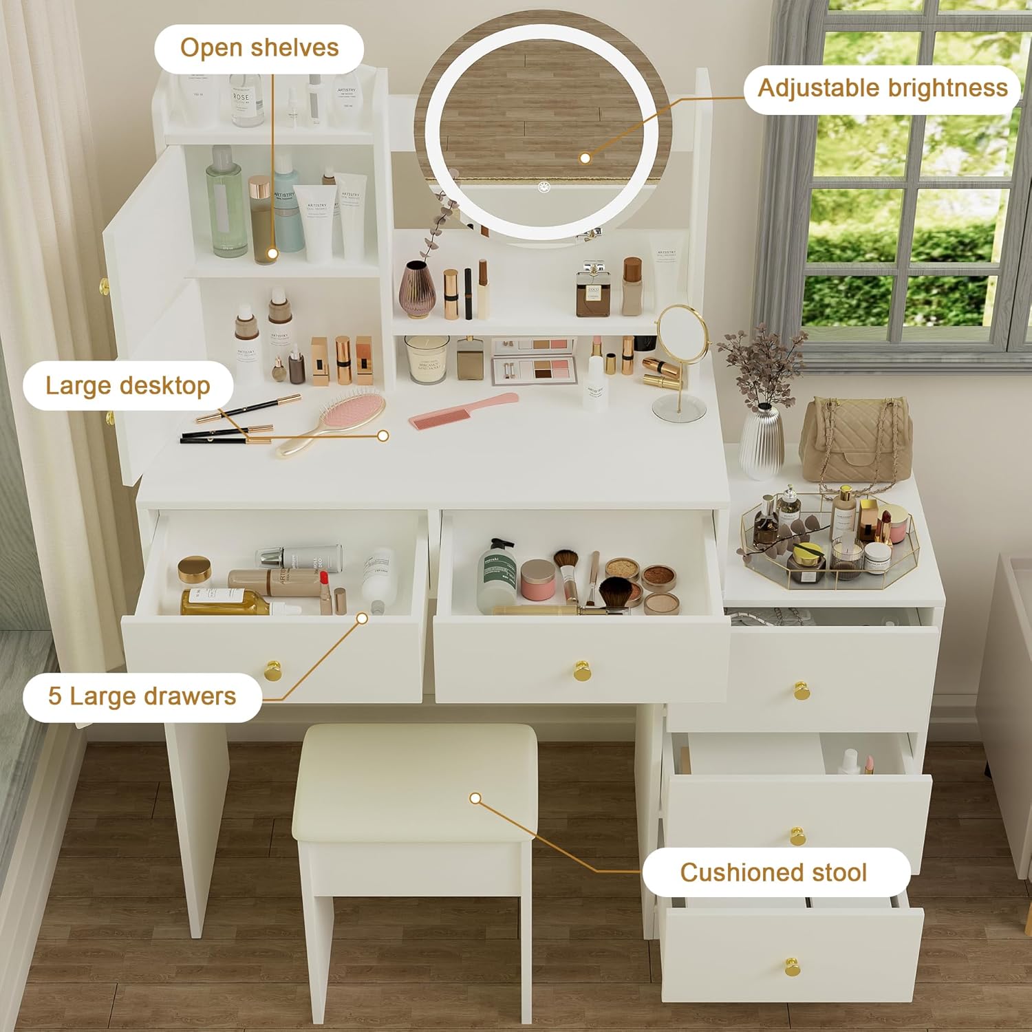 Vanity Desk with Mirror and Lights 3 Color Lighting Brightness Adjustable, Makeup Vanity Set with 5 Drawers,Two Small Storage Cabinets,Dressing Table Upholstered Stool for Bedroom,White