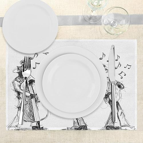 Miniatura 3 de Lunarable Juego de 4 manteles individuales de música, estilo de boceto de una banda de jazz tocando instrumentos y notas musicales, estampado