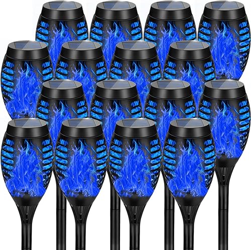 AOUNQ Lot de 16 lampes solaires d'extérieur bleues avec flamme vacillante pour d