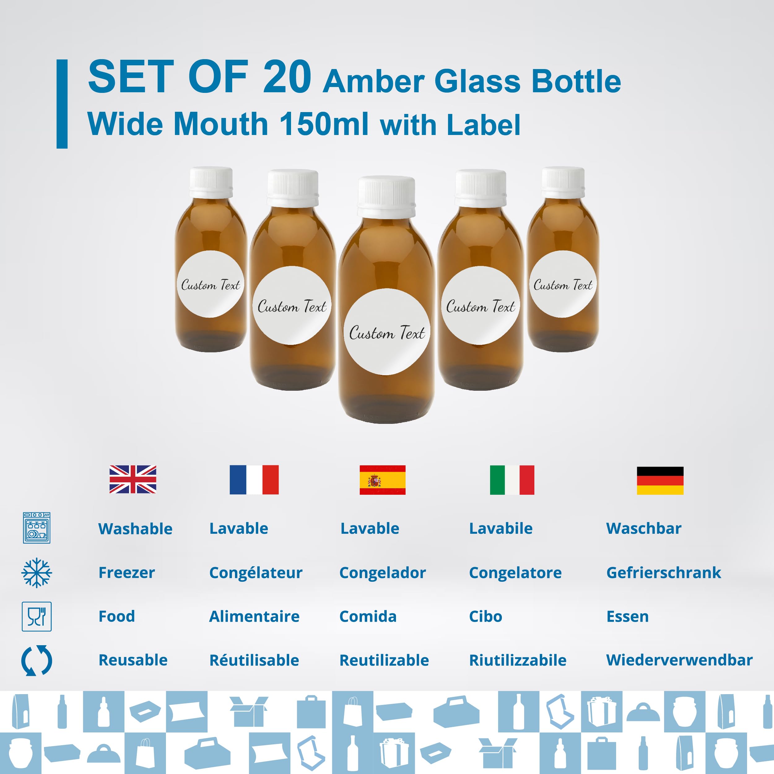 20 flaconi vuoti in vetro ambrato da 150 ml con coperchio in plastica + 20 etichette di adesivi personalizzate, flacone per oli essenziali, cosmetici, laboratorio, medicinali