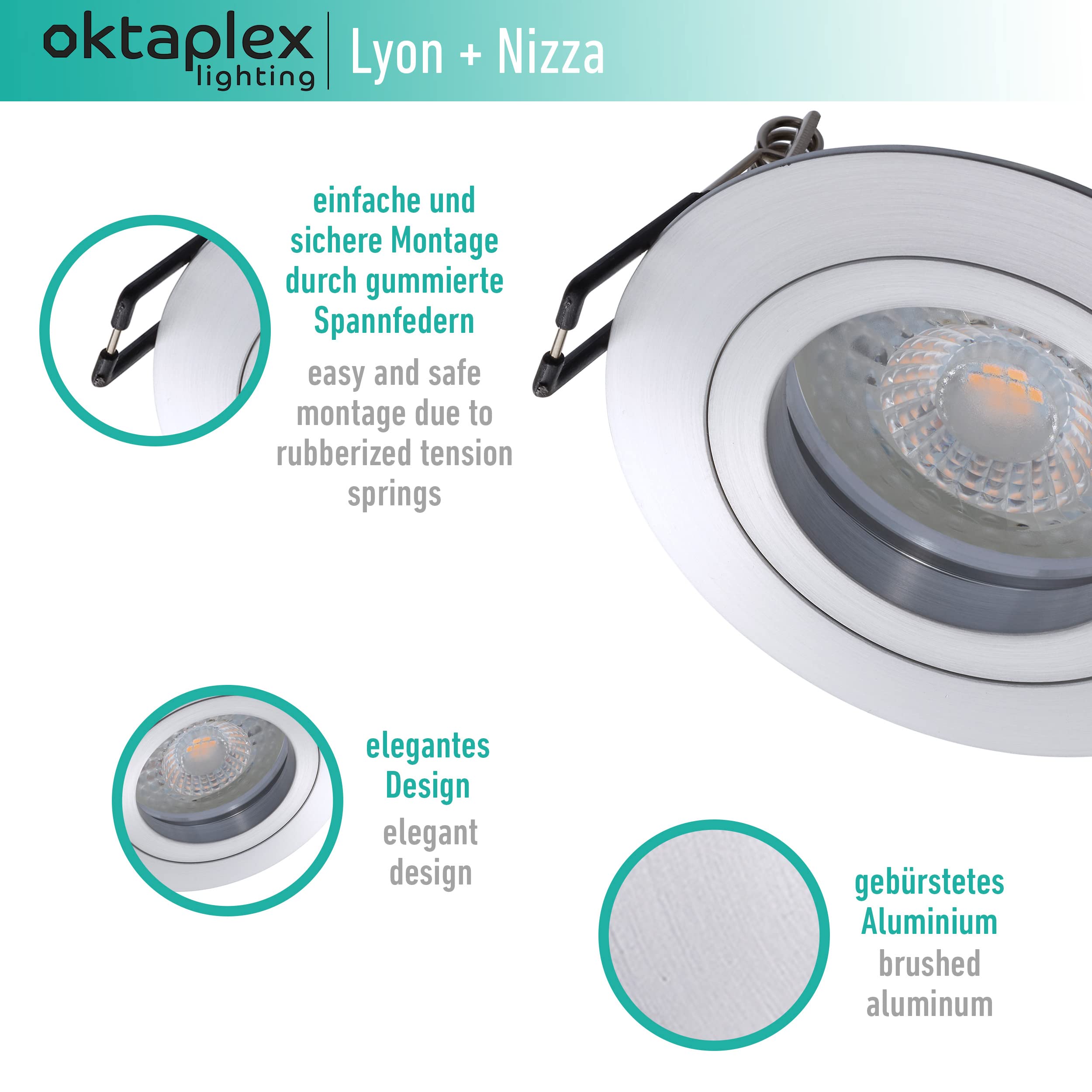 Oktaplex 12er Set Einbaustrahler mit LED Modul Aluminium Lyon 4,8W | 3000K Warmweiß, 230V, 380lm, 110°, Einbaudurchmesser 68 mm Deckenspots LED Spots Rund