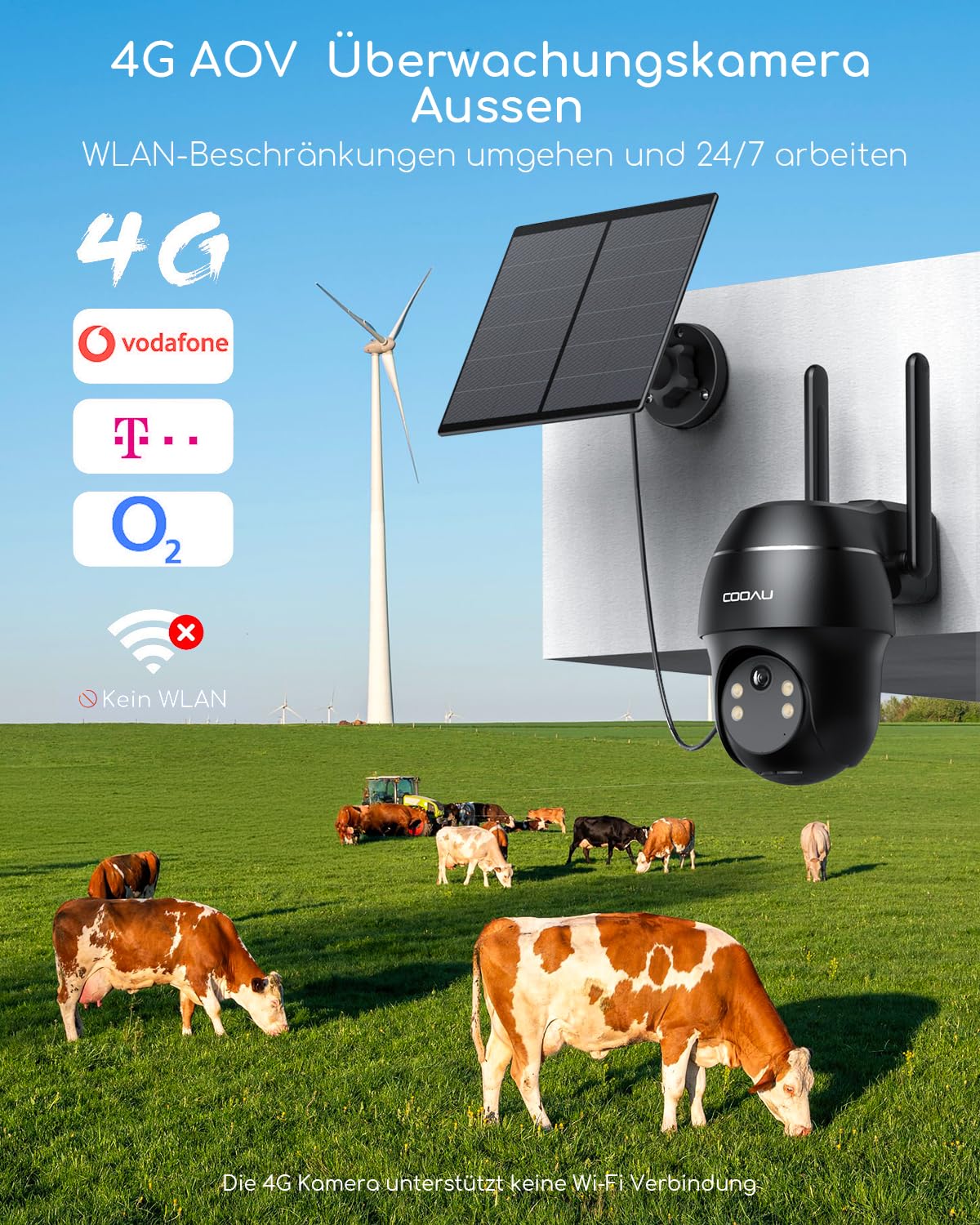 COOAU 4G AOV Solar Überwachungskamera Aussen mit SIM, 24/7 Aufzeichnung