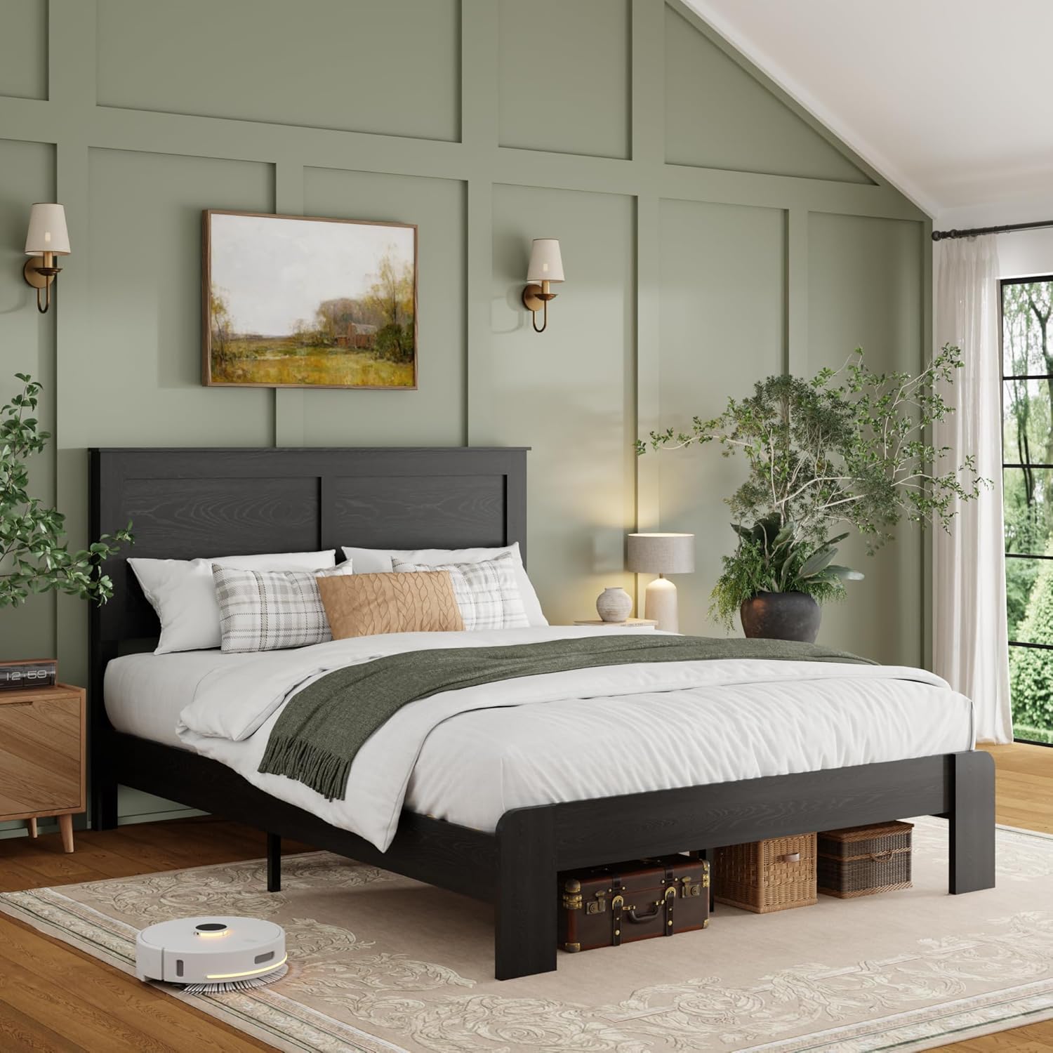 Queen Wood Platform Bed Frame, Queen Size Bed Frame with Headboard, Rustic Farmhouse Furniture, Sturdy Frame and Wooden Slats, Noiseless, No Spring Box Required, Easy Assembly, Vintage Black
