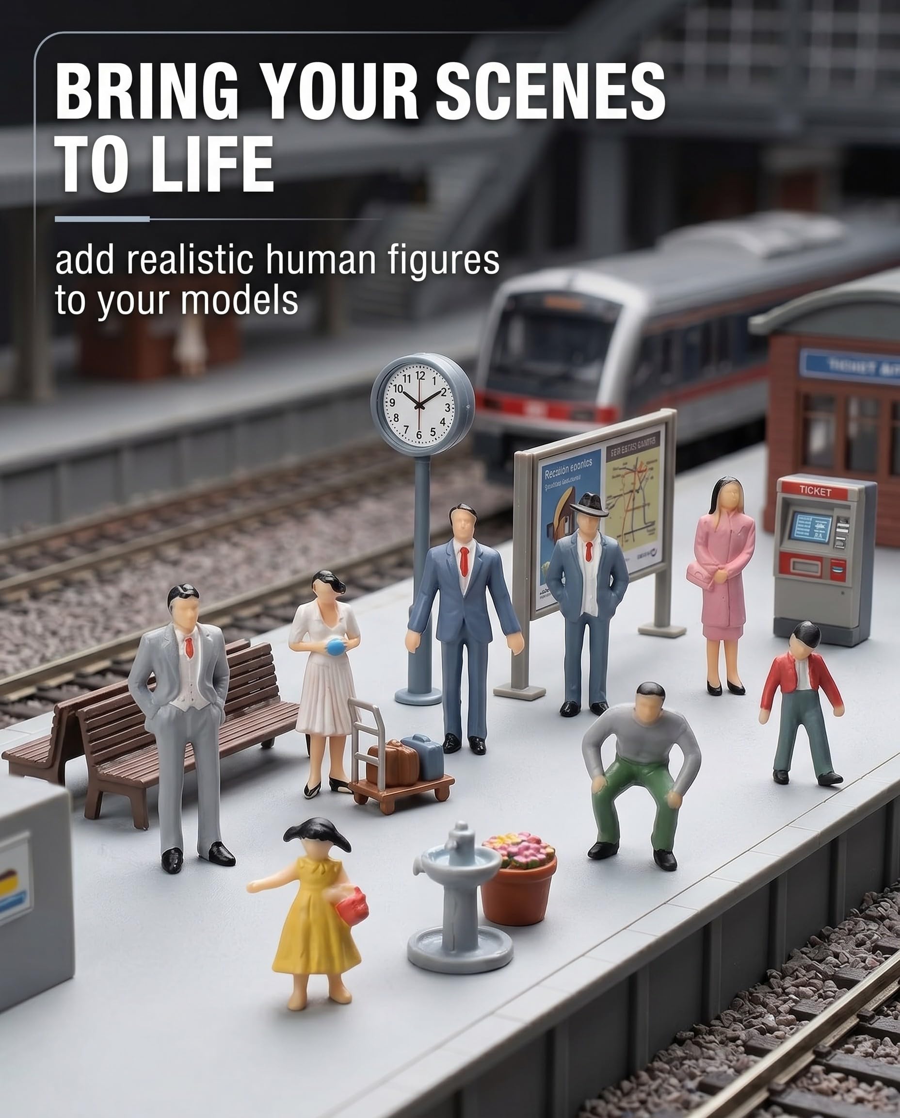 Mini Figurine di Persone 20 Pezzi Scala 1:30, Dipinte Assortite Sedute e in Piedi, Ideali per Modellismo Ferroviario, Diorami Architettonici