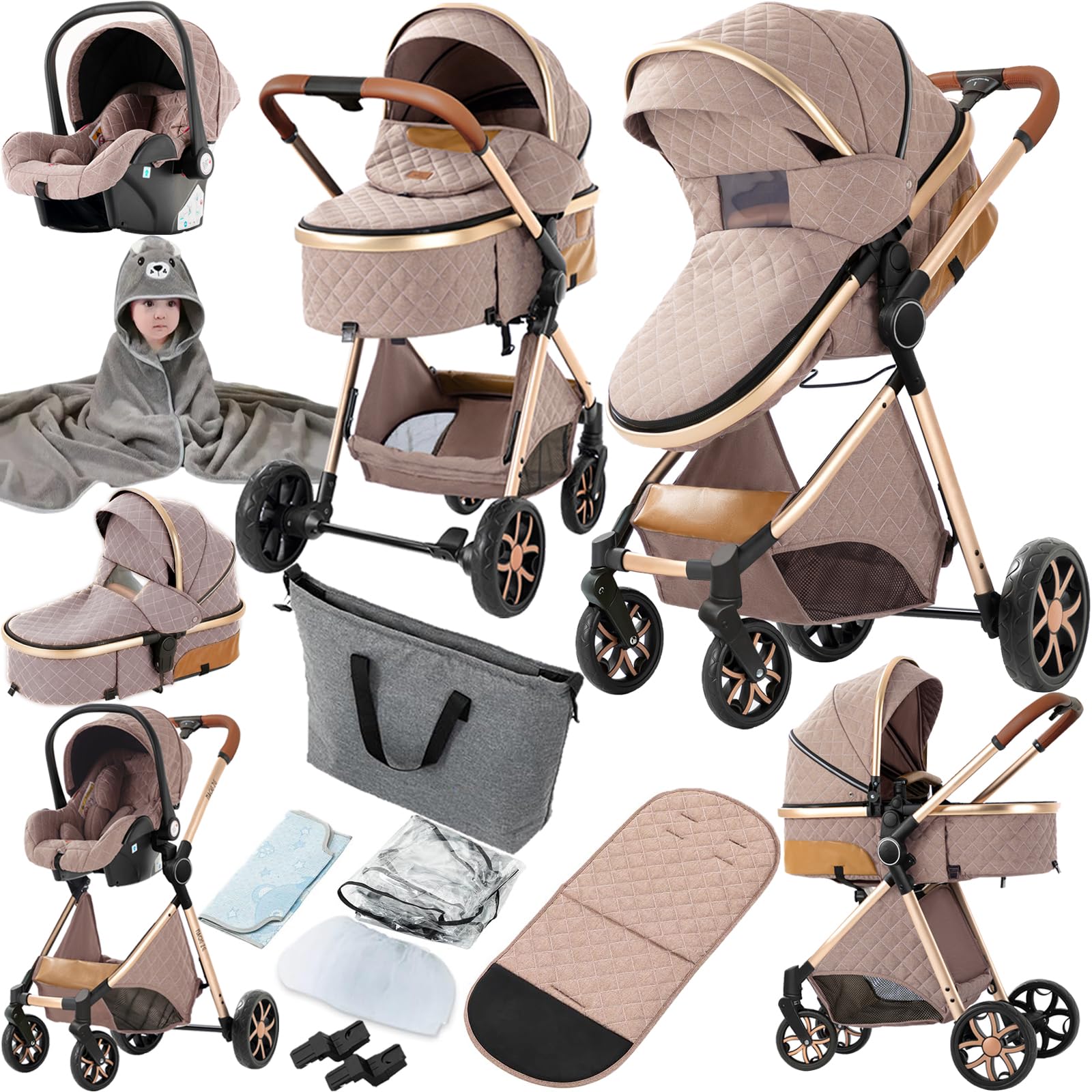 Carrito Bebe 3 en 1, Carrito Bebe con Empuje Reversible de Dos Vías, Carro 3 Piezas con Estructura de Aleación Aluminio, Cochecito Tres Piezas Para Recién Nacidos (225 Khaki-1)