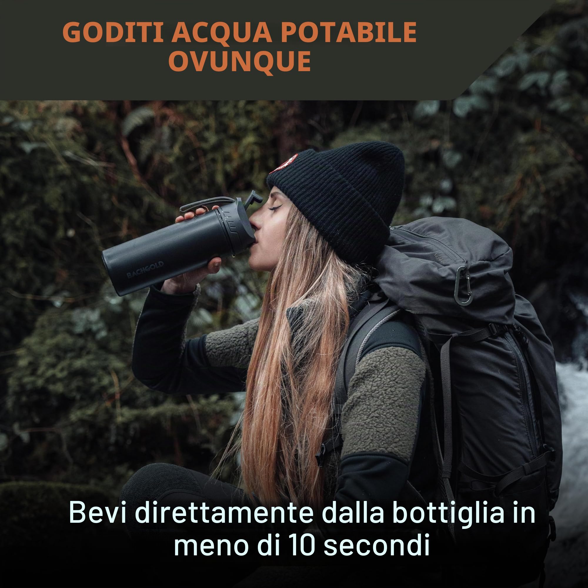 Bachgold Borraccia filtrante acqua potabile con capacità di filtrazione di 1500L I Rimuove il 99,99% dei batteri e filtra microplastiche, particelle e cloro I Per blackout e crisi, Negro 500ml