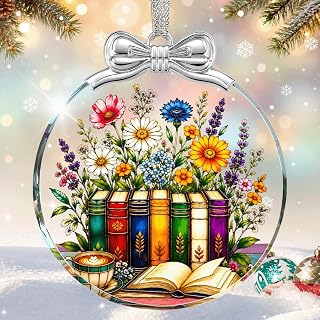 Books and Flowers Christmas Ornament Glass 2026 Christmas Tree Decorations | Gifts for Book Lovers Club Members Teachers, Crystal Glass Hanging Ornaments Xmas Decor, Holiday Keepsake Gift Exchange Idea