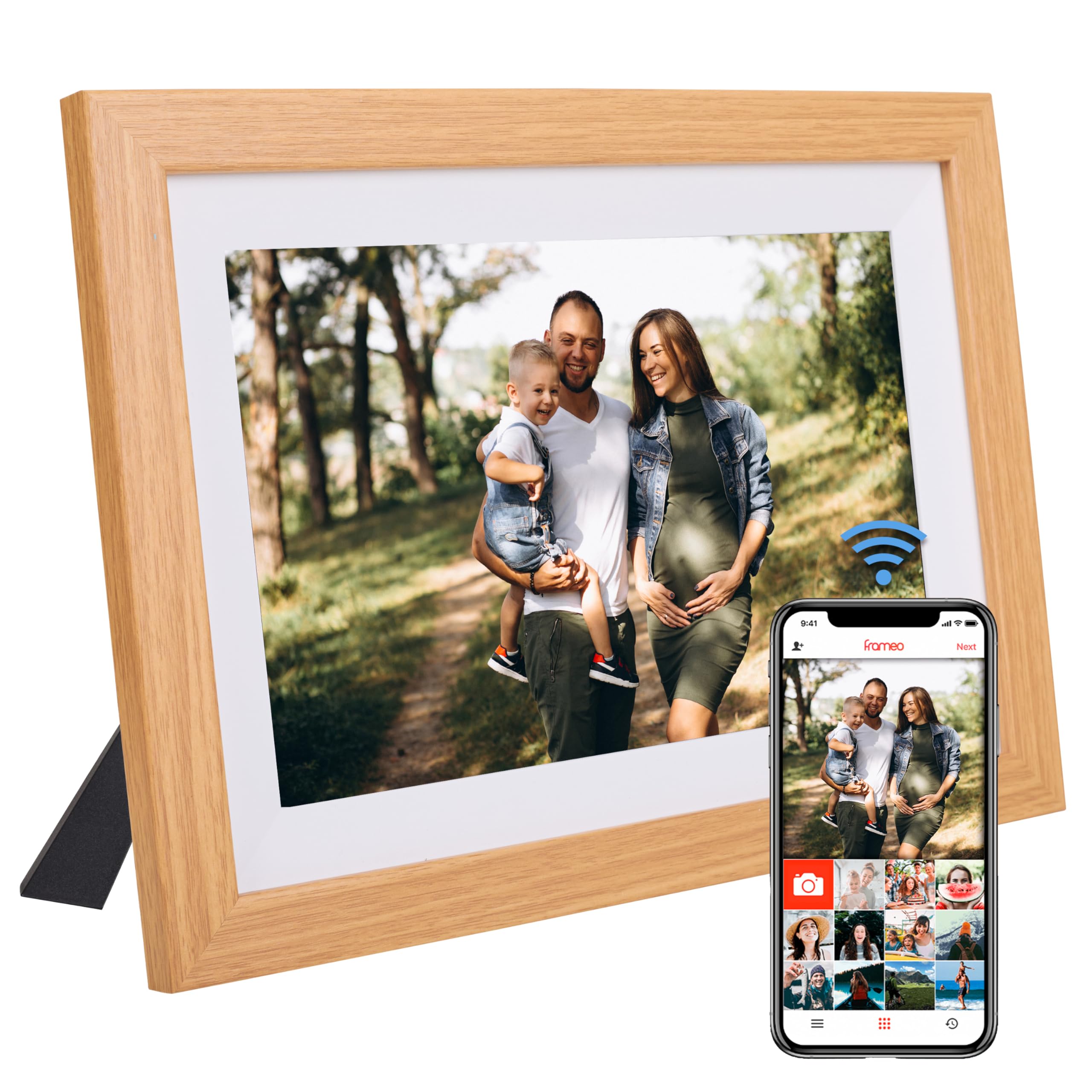 Cornice digitale WiFi in legno naturale 32 GB Digital Photo Frame Touch Screen IPS 10,1" Rotazione automatica Supporto USB/SD Cornice digitale Condividi foto con cornice (rovere)
