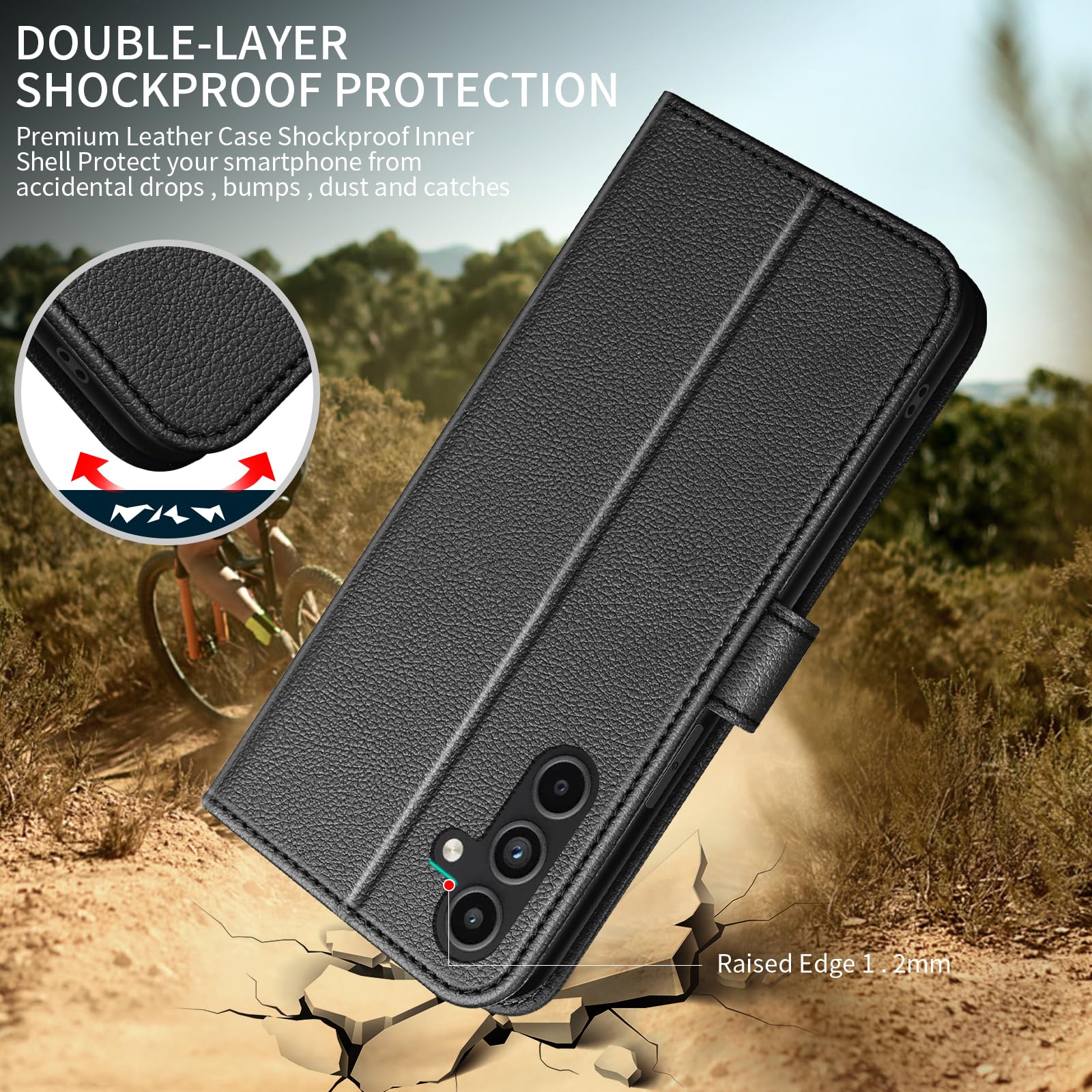 Cover per Samsung Galaxy A16 5G/4G Custodia con 2 Vetro Temperato Pellicola a Libro Portafoglio in Pelle Porta Carte Protettiva Flip Case,Nero