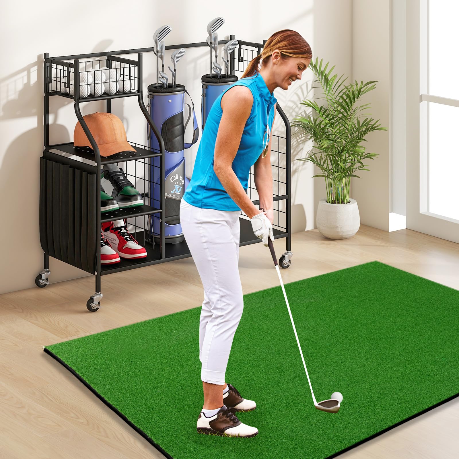 LIFEZEAL Estante de Golf con Ruedas, Organizador para Accesorios de Golf con Bolsa de Tela, Estante para Bolsa de Golf con Cesta y Gancho, Almacenamiento para Pelotas de Golf y Palos de Golf