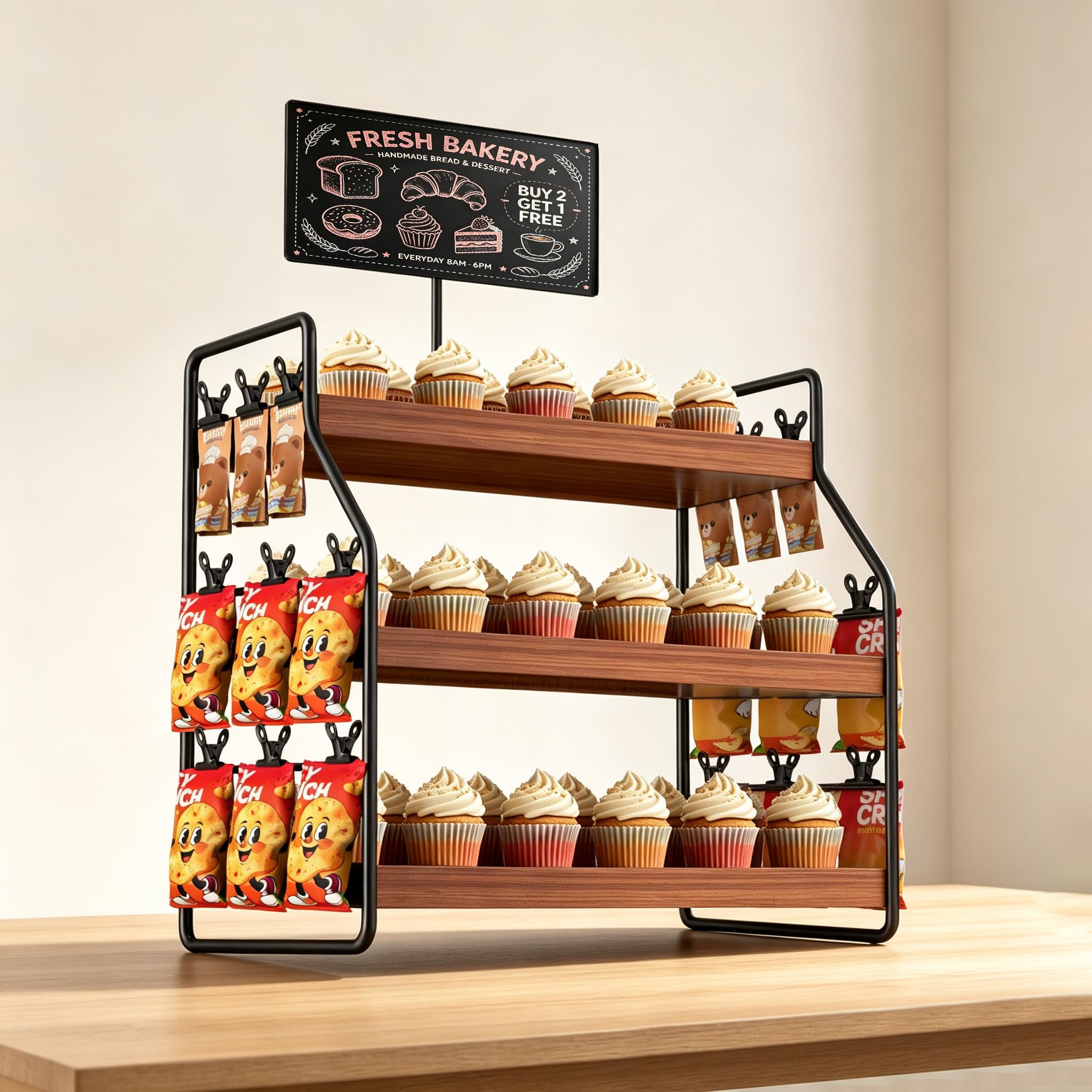 Présentoir à cupcakes à 3 étages en bois avec tableau à craie, présentoir à gâteaux pour muffins, biscuits et pâtisseries, étagère à dessert pour mariage, fête et anniversaire, 39 x 35 x 24 cm