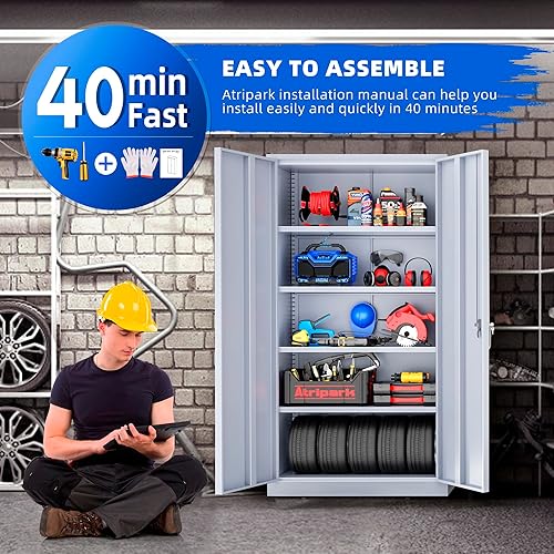 Miniatura 8 de Superday Gabinete de almacenamiento de metal de 72 x 36 x 18 pulgadas, armario de almacenamiento alto con 2 puertas y 4 estantes, gabinete grande de