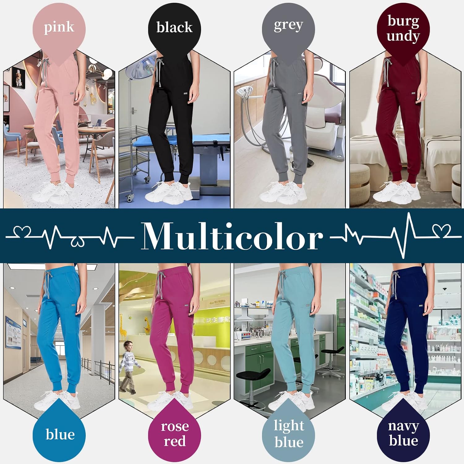 VIAOLI Scrub Pants for Women 8 Pockets Jogger Pants Cargo Scrubs Bottom with Knit Yoga Waistband,Elastic Drawcord Scrubs