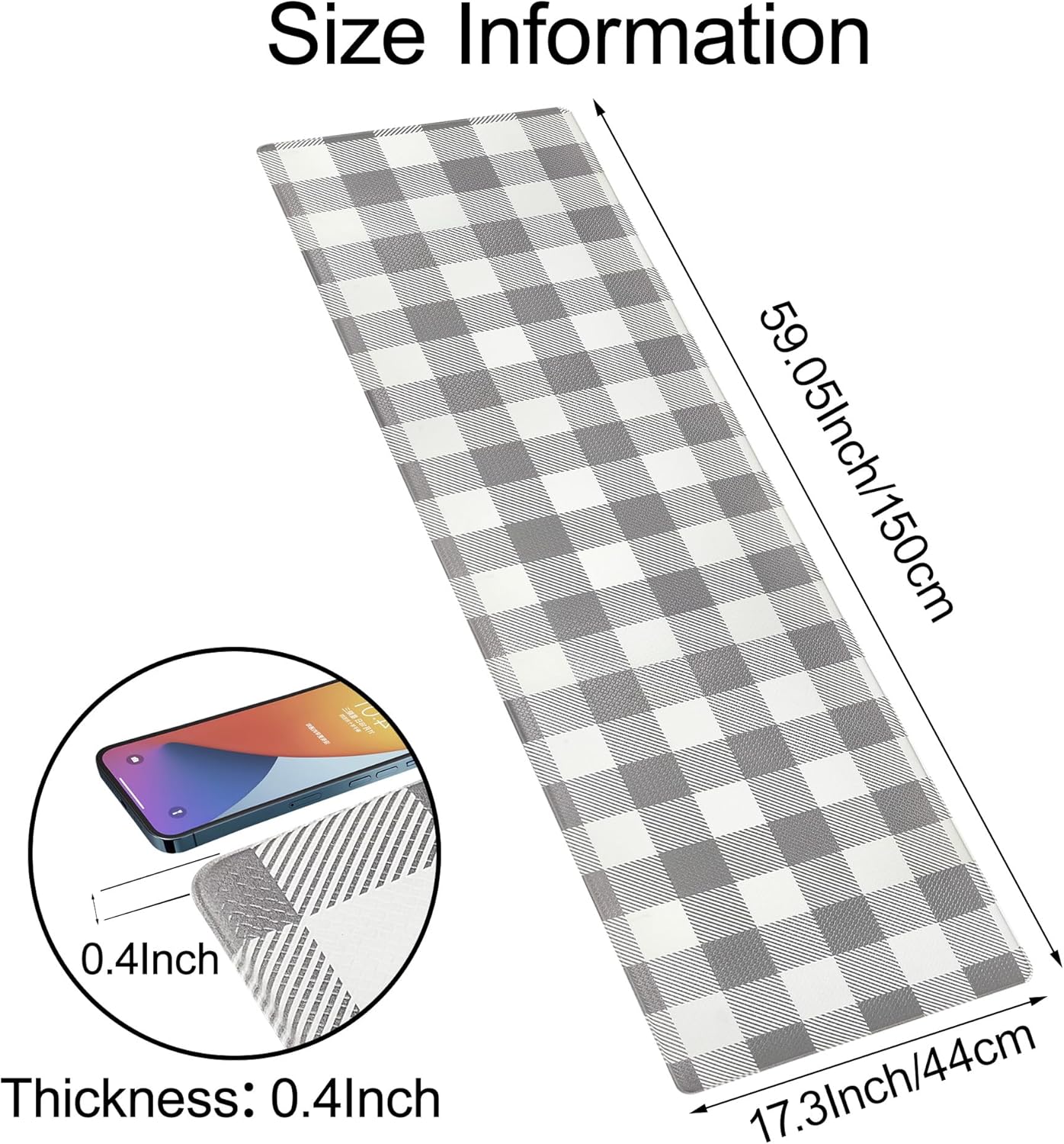 Kitchen Mat Anti Fatigue Mats for Kitchen Floor Runner 17.3''x59'' Grey and White Buffalo Plaid Kitchen Rug Waterproof Cushion Comfort Mat for Standing Sink Office Desk Laundry
