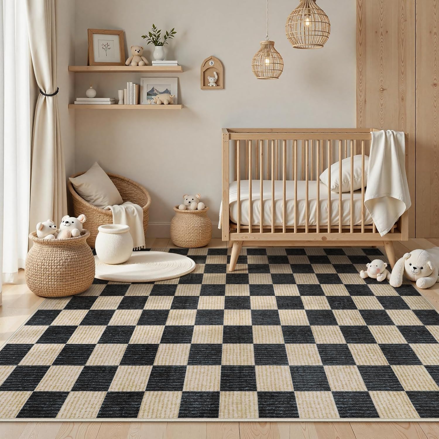 Machine Washable 5x7 Area Rugs for Living Room Checkered, Non Slip Soft Low Pile Farmhouse Geometric Modern Neutral Playroom Boys Rugs for Bedroom, Large Carpet Rugs for Dining Room(Black,5'x7') - Image 5