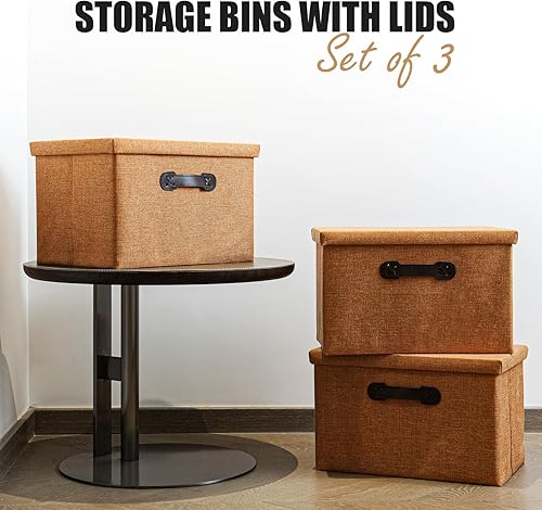 Miniatura 7 de Enzk&Unity Contenedores de almacenamiento decorativos con tapas, caja de almacenamiento plegable de tela de lino con asa, organizador del hogar para