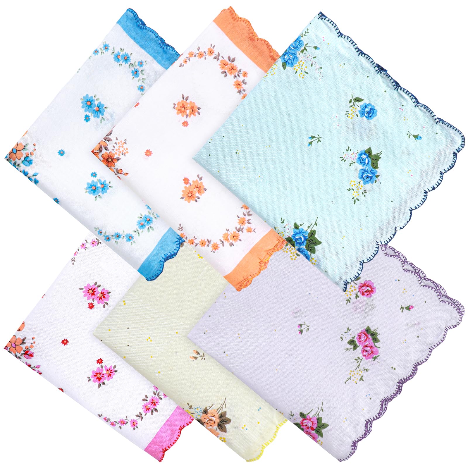 6 Pcs Ladies Handkerchiefs, Cotton Hankies for Women, Soft Flower Embroidered Handkerchief, Vintage Floral Handkerchiefs for Women Wedding Party