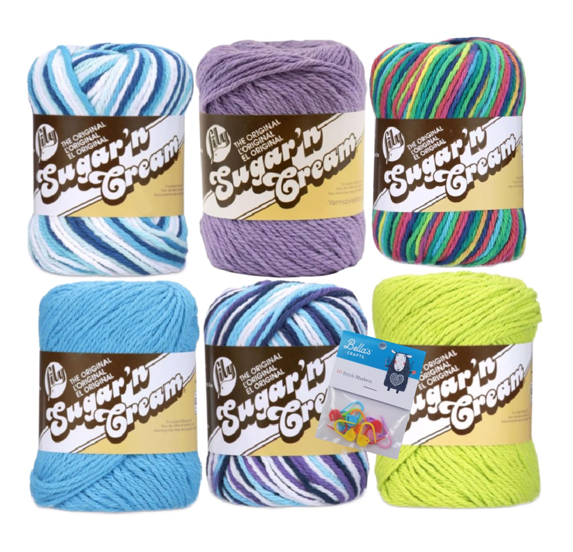 Lily Sugar'n Cream 100% Cotton Yarn 6-Pack Bundle with Bella's Crafts Stitch Markers (Blue-Green Mix)