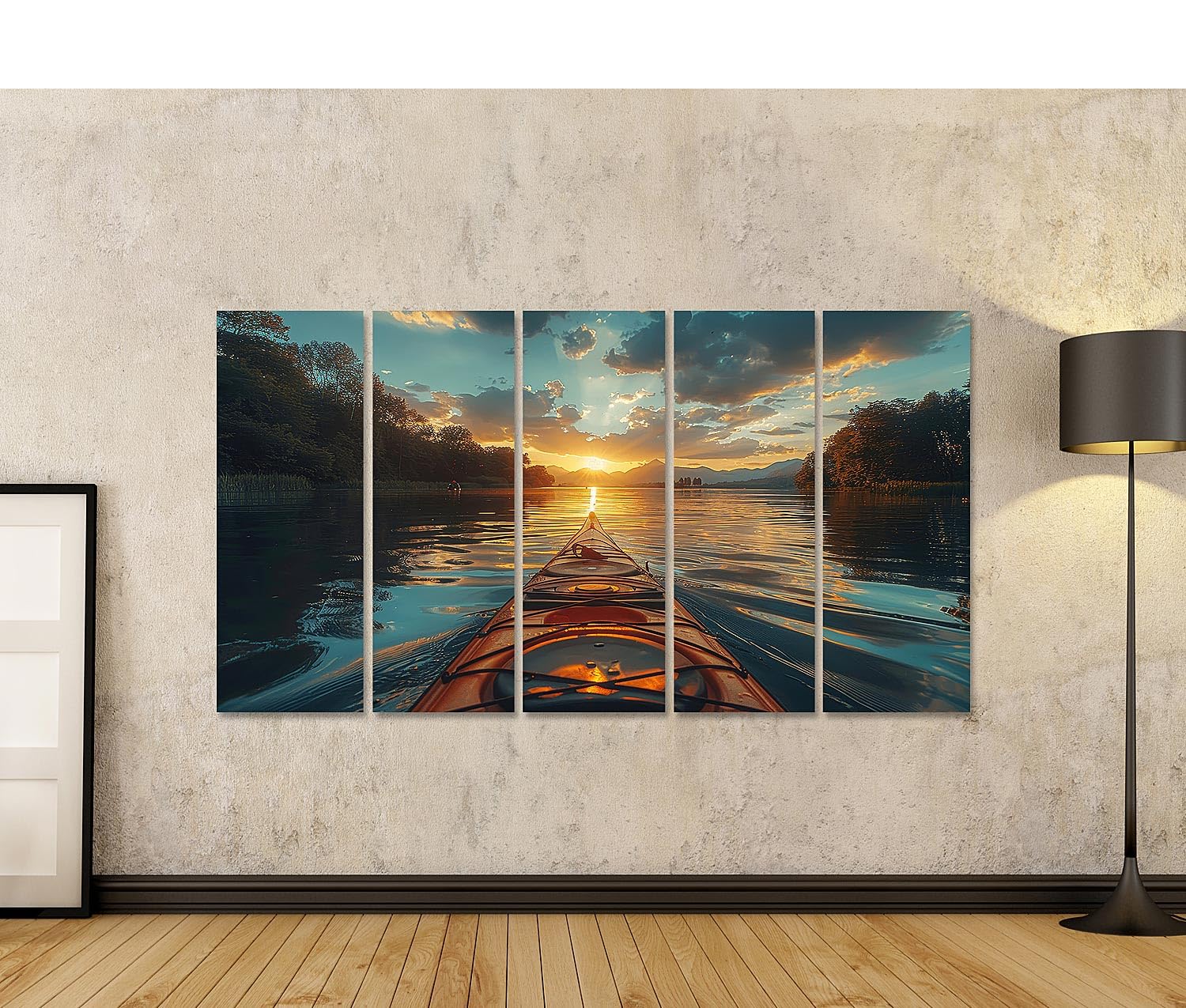 islandburner Primer cuadro sobre lienzo tranquilo kayak al atardecer en el mar rodeado de árboles, imágenes de aventura natural murales carteles