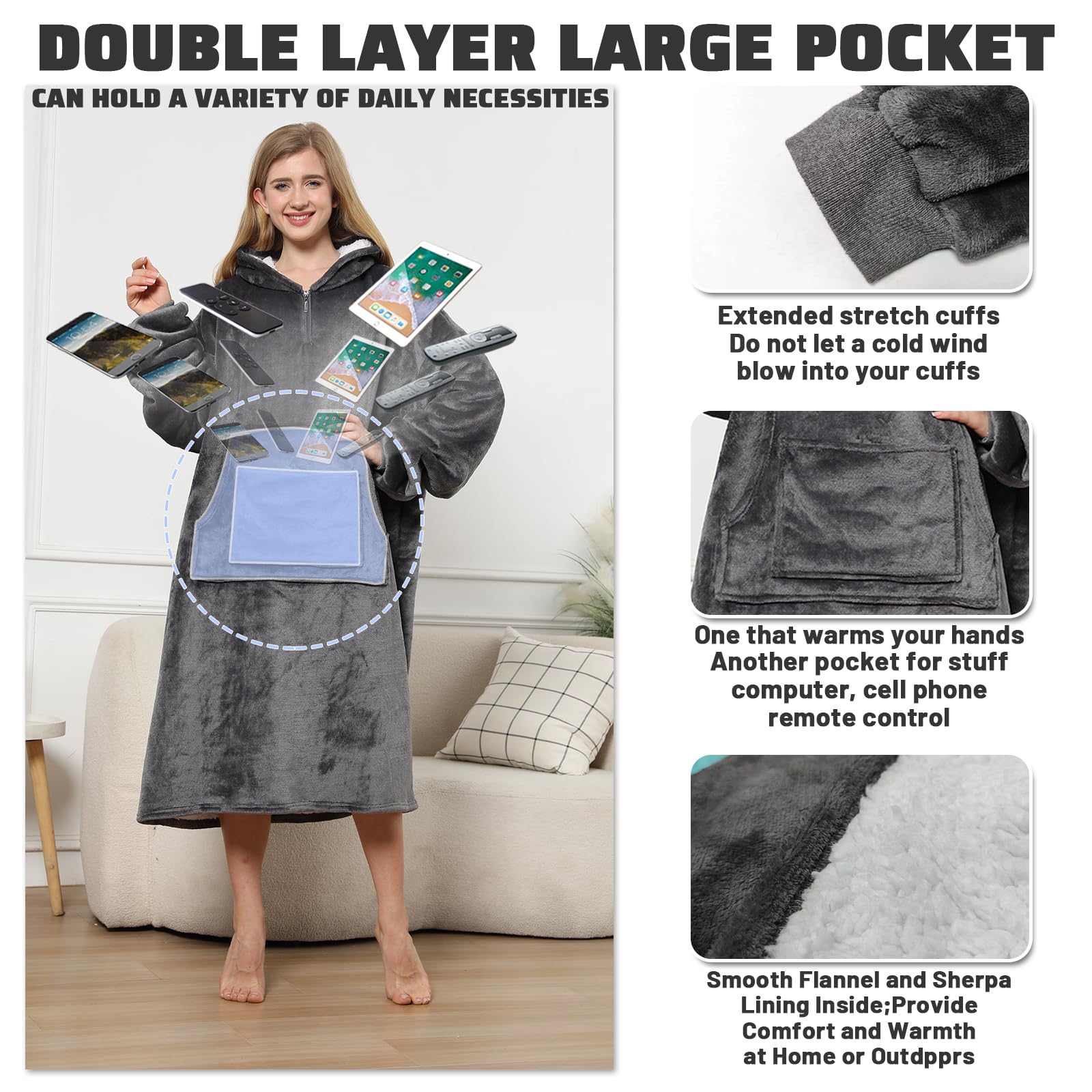 Couverture a Capuche Femme Homme,Pull Plaid Douce et Chaude, Avec Capuche et Poches Coral Velvet Sweat Plaid Femme,Taille Unique Automne Hiver pour Adulte et Homme