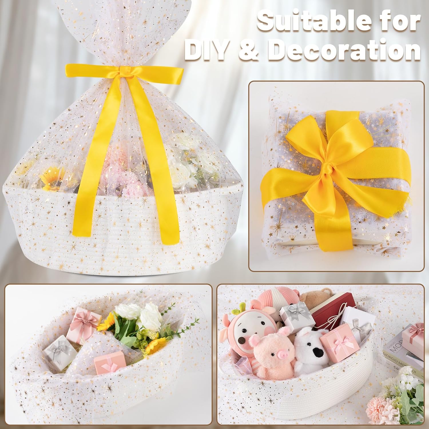 OIAHOMY Large Gift Basket Empty 17" x 12.6" x 7", Storage Basket with Gift Bag, Ribbon and Glitter Tulle for DIY Anytime, Toy Storage for Kids, Dogs with Handles in A Stylish Design - White - Image 9