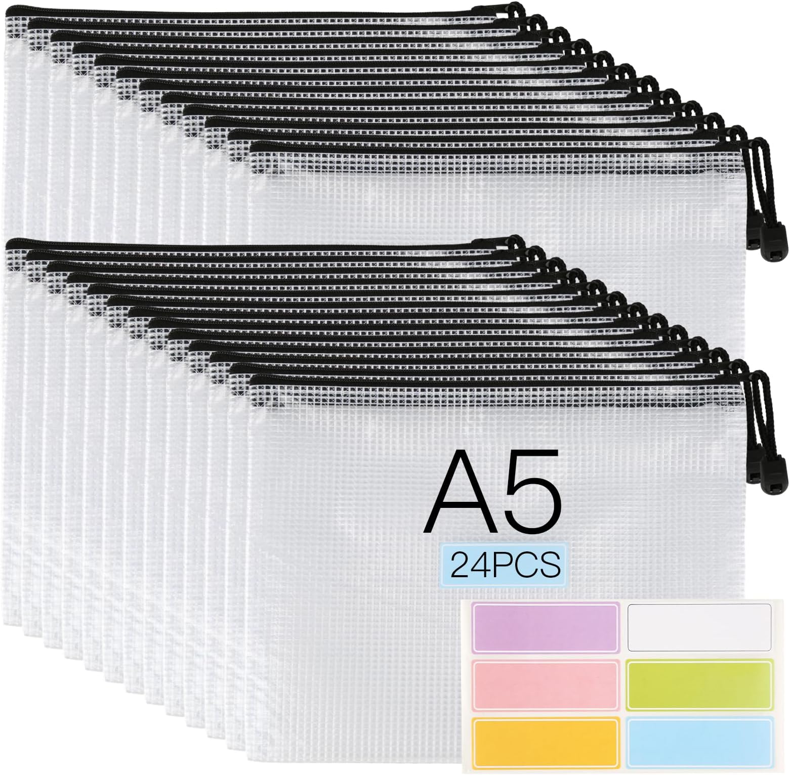 A5 Plastic Wallet, 24Pcs A5 Zip Wallets, Waterproof A5 Document Wallet, Clear Mesh Plastic