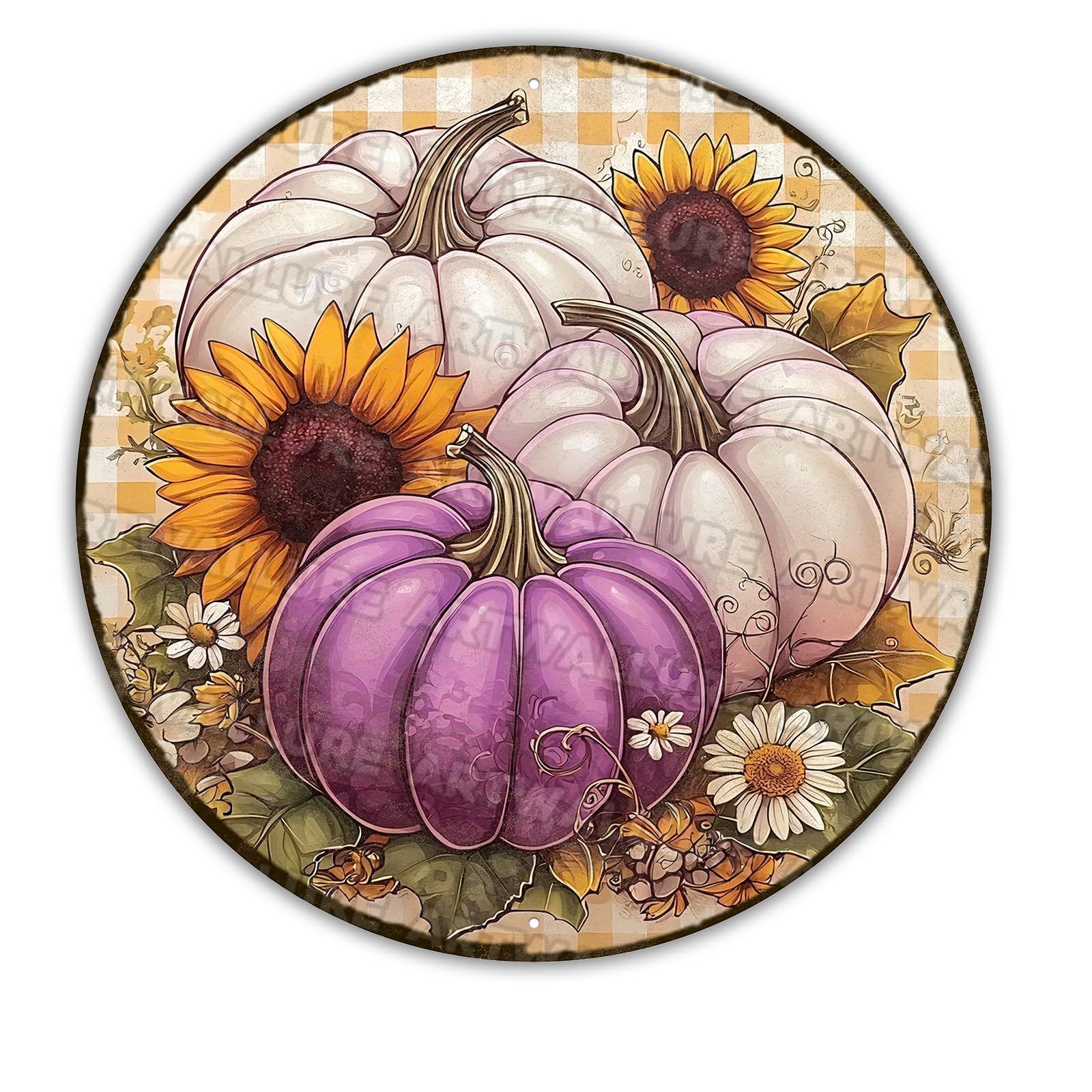 Round Purple Pumpkins Fall Wreath Sign Thanksgiving Sunflower Pumpkin Metal Tin Sign for Home Livingroom Coffee Bar Farmhouse Idyllic Wall Art Decor Gift 12x12inch