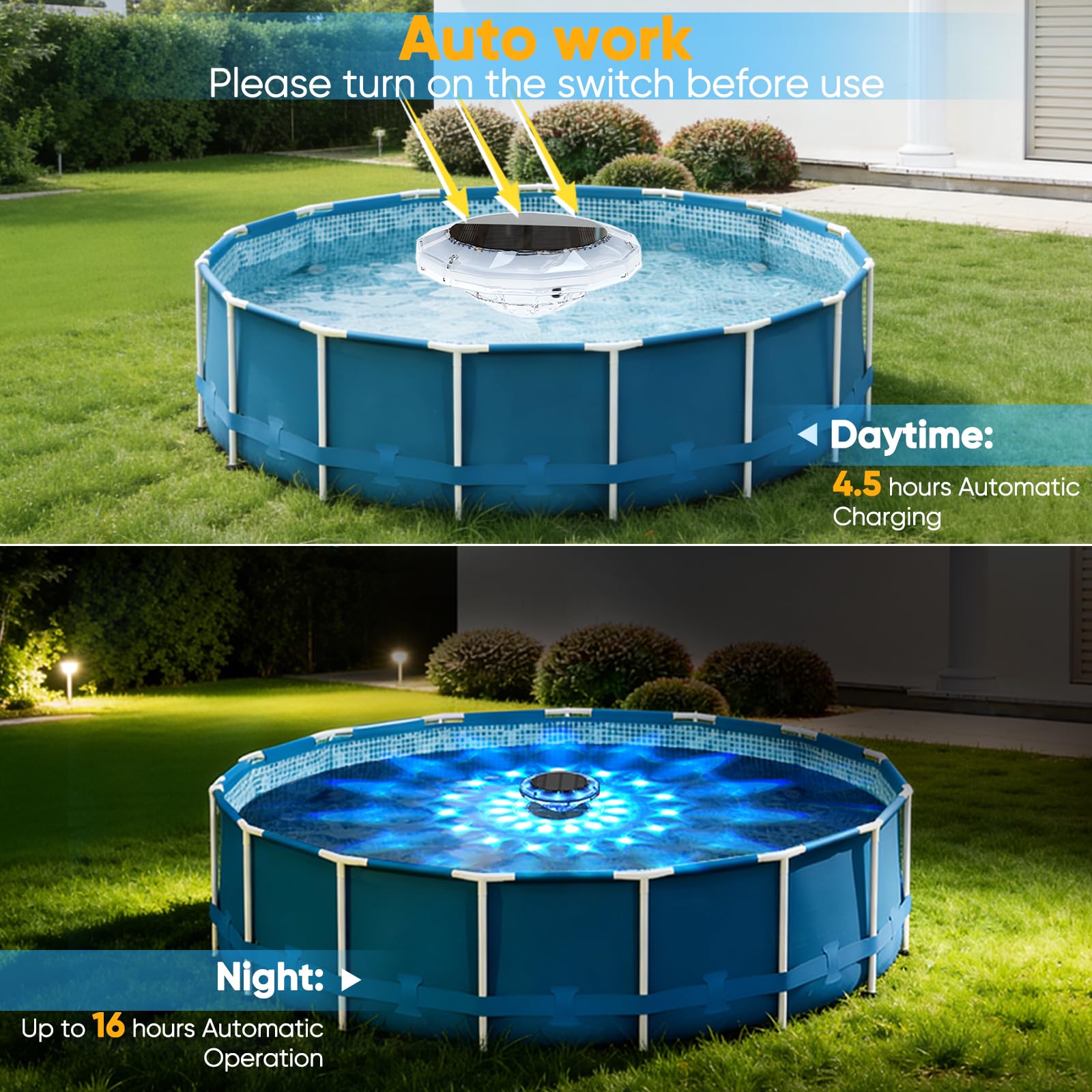 Quntis Luz Solar Piscina Flotante 15cm con Mando a Distancia, Luz LED Piscina Exterior 360°, IP68 Impermeable, 12 Modos RGB, Temporizador, Lámpara Solar Flotante para Piscina, Estanque, Jardín
