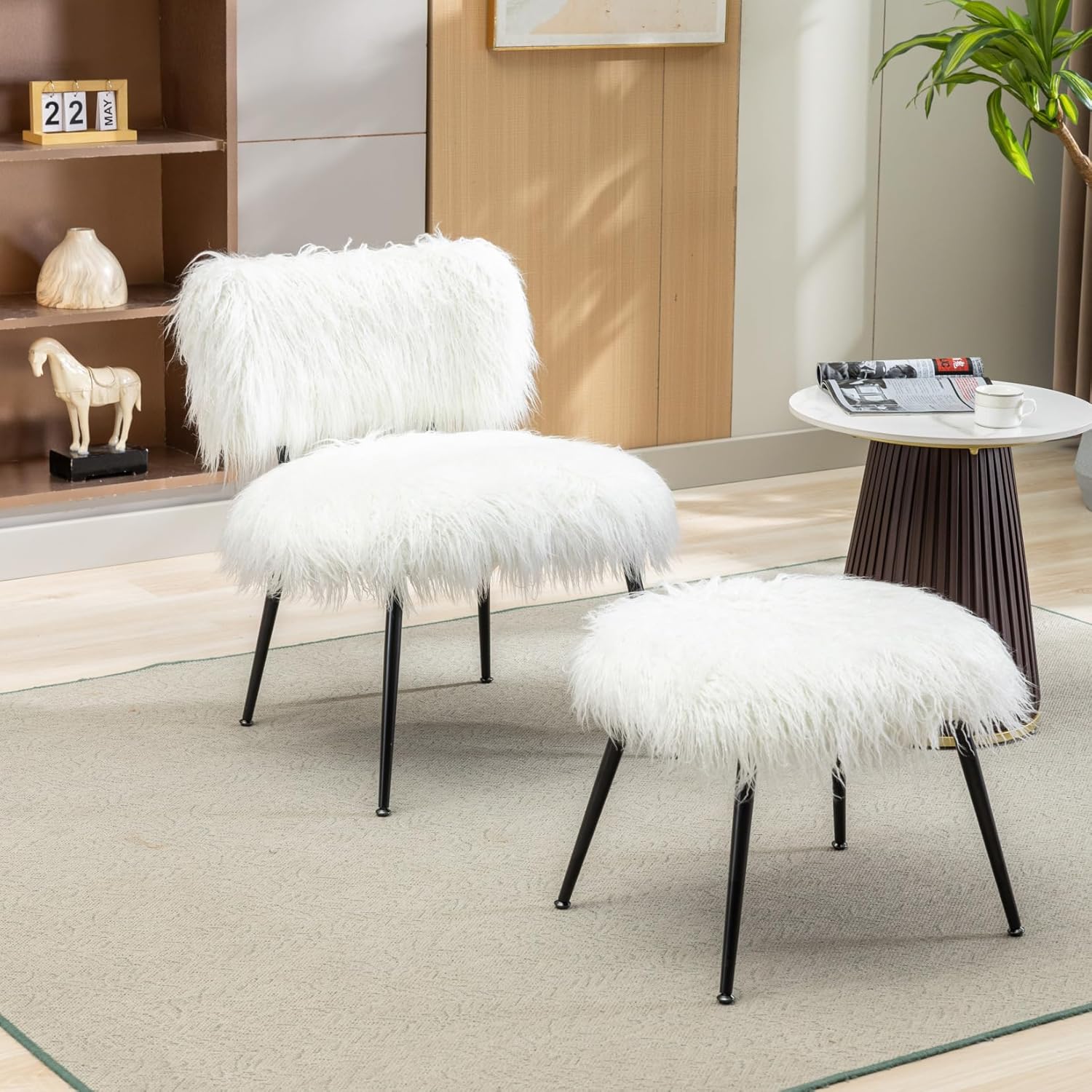 25.2'' Accent Chair with Ottoman, Fluffy Faux Fur Plush