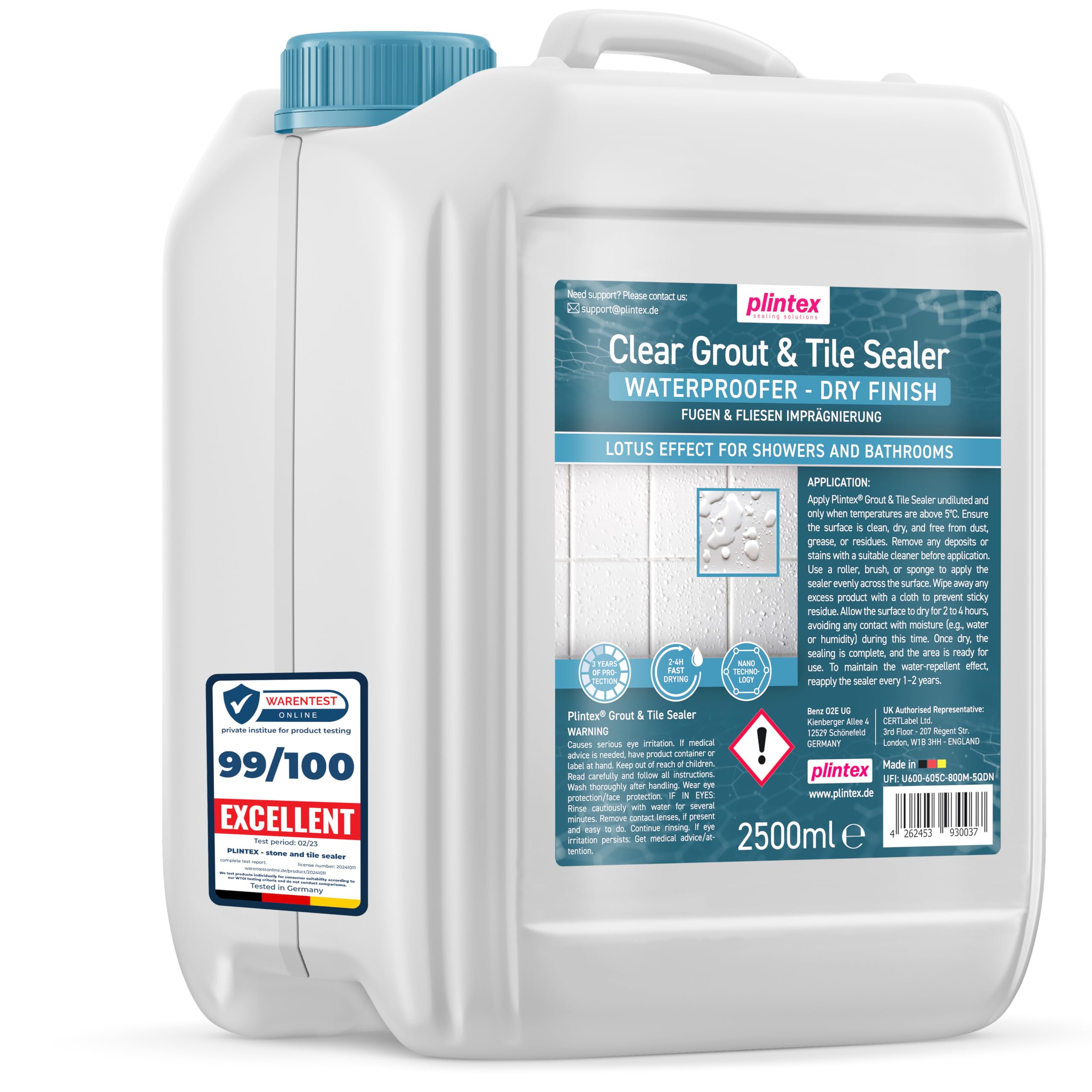 PLINTEX® Grout & Tile Sealer 2,5L for Shower & Bathroom - Water-based Sealant with Long-Lasting Lotus Effect - Grouting Protector against Limescale & Dirt - Transparent & Odourless for up to 30sqm