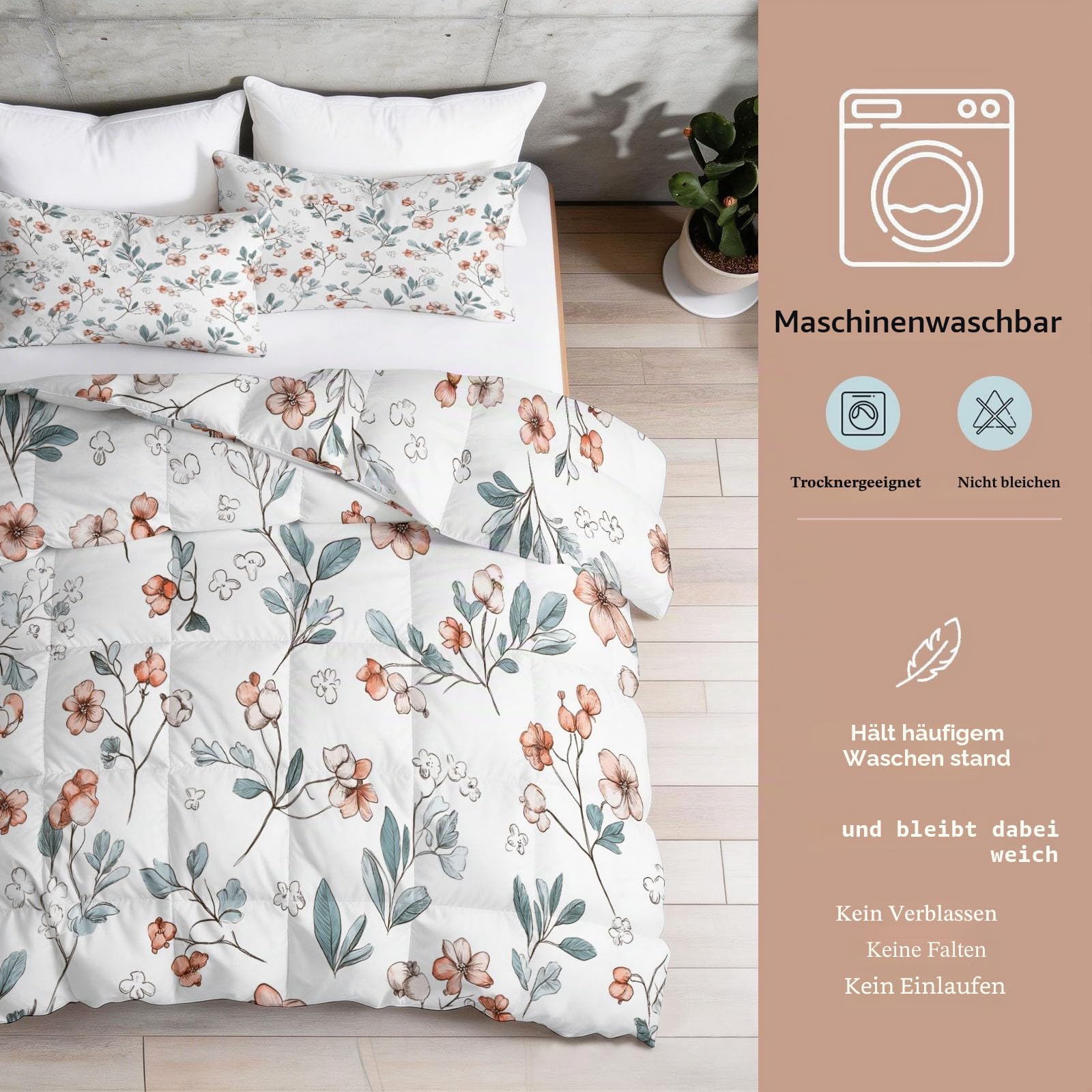 Bettdecke 135 x 200 cm 4 Jahreszeiten, Einfache Pflanzen Beeren Blumen Warm Weiche Steppdecke mit 2 Kissenbezügen, Creme Waschbare Kinder Schlafzimmer Wende Ganzjahresdecke ohne Bezug
