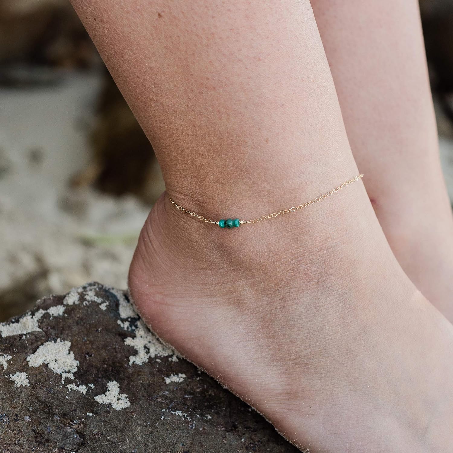 Luna Tide Emerald Dainty Anklet in 14k Gold Fill