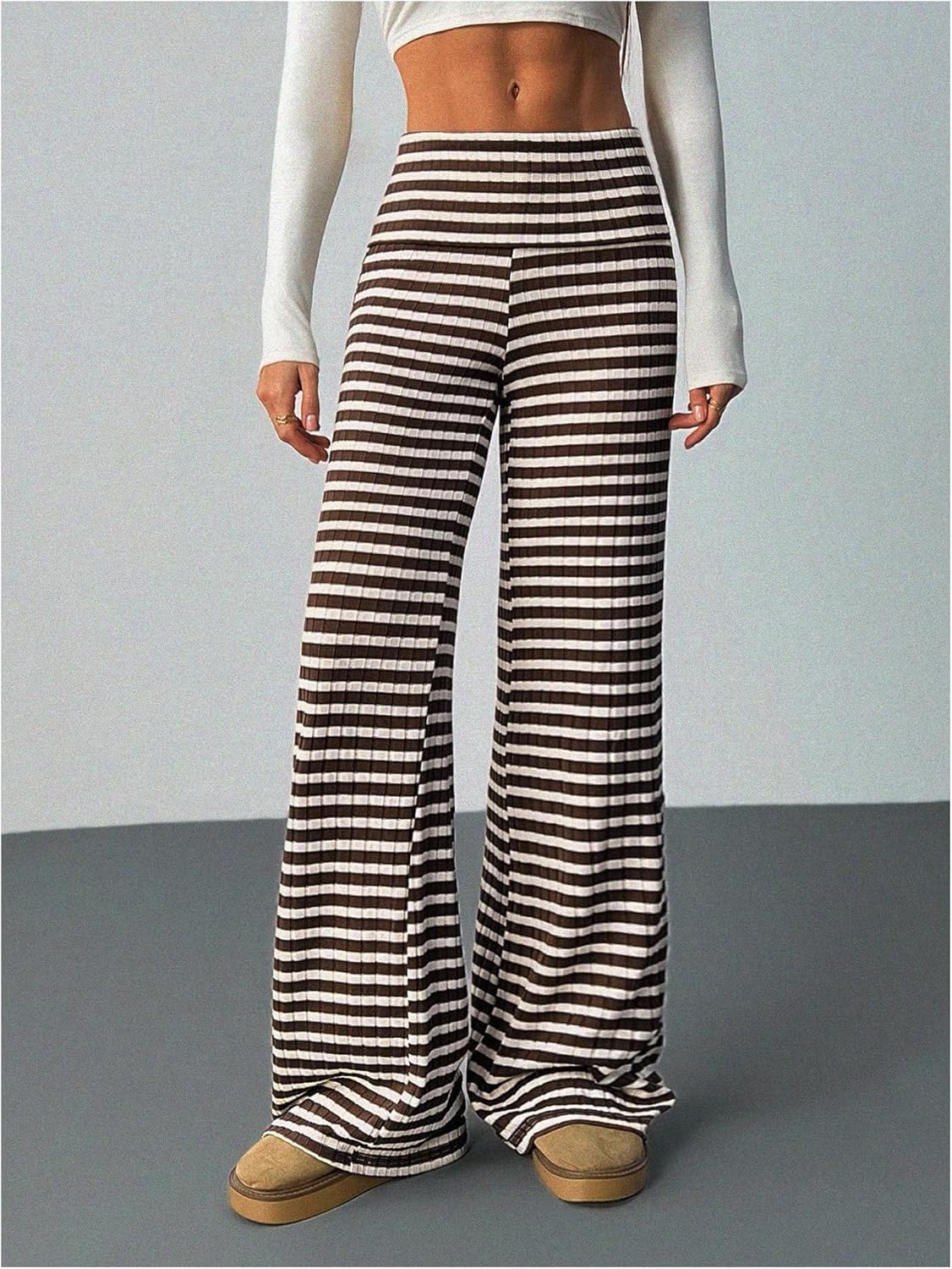Women's Striped Foldover Pants Ribbed Knit Wide Leg Pants Elastic High Waisted Casual Lounge Trousers - Image 5