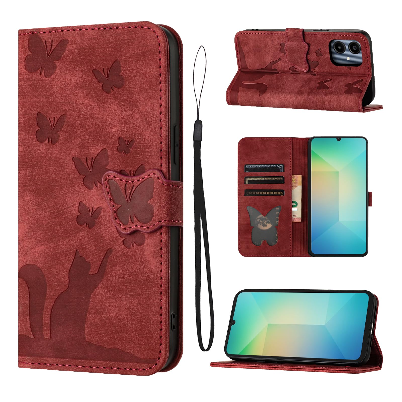 LSPCASA Custodia con Samsung Galaxy A06 4G/5G 6.6 pollici Premium Pelle PU Flip Protettiva Cover Con Slot Per Schede e Funzione Supporto Custodia Cover Portafoglio con Galaxy A06 4G/5G -Rosso