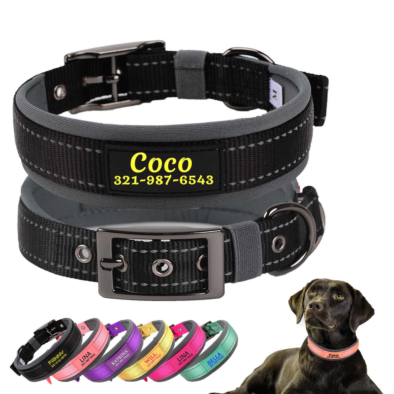 Personalized Dog Collars with Pet Name and Phone Number,Soft Neoprene Padded,Thick Strong Dog Collar,Adjustable Reflective Nylon Collar for Small Medium and Large Dogs,Black