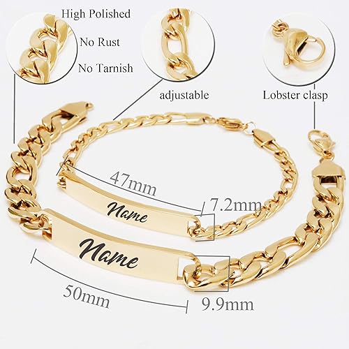 Miniatura 3 de Pulseras personalizadas chapadas en oro de 18 quilates para parejas, grabados personalizados, con nombre y identificación, juego a juego para
