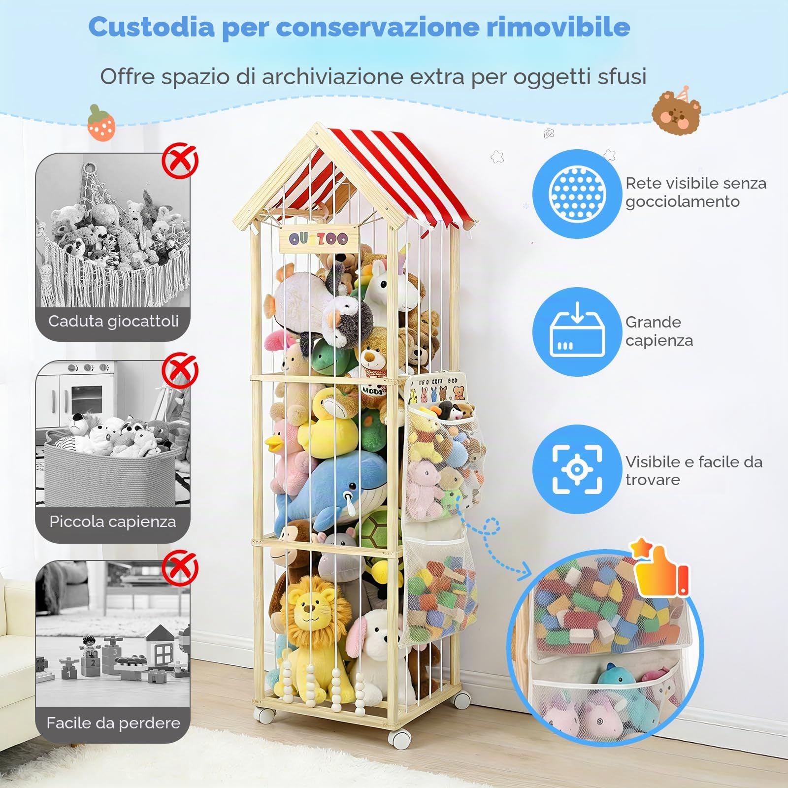 Porta Peluche in Legno Massello, Contenitore per Peluche con Ruote Frenate a 360°, 151x46x46CM per le Camere dei Bambini,Mobili per la Cameretta dei Bambini (Strisce)