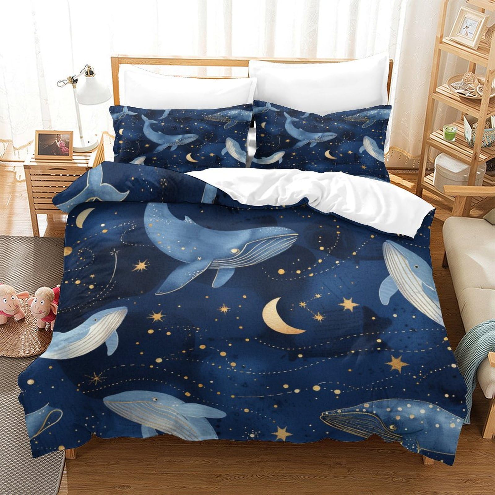 Parure de couette marine baleines en microfibre pour chambre parentale