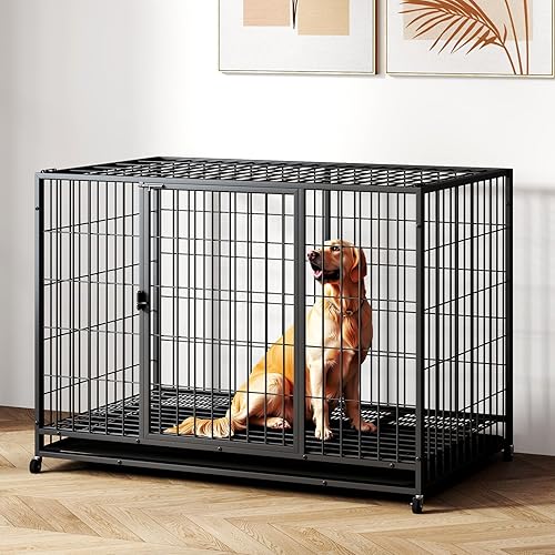 Jaula de alambre de metal de 48 pulgadas para perros grandes con bandeja, puerta doble, corralito para cachorros para patio, uso en interiores y