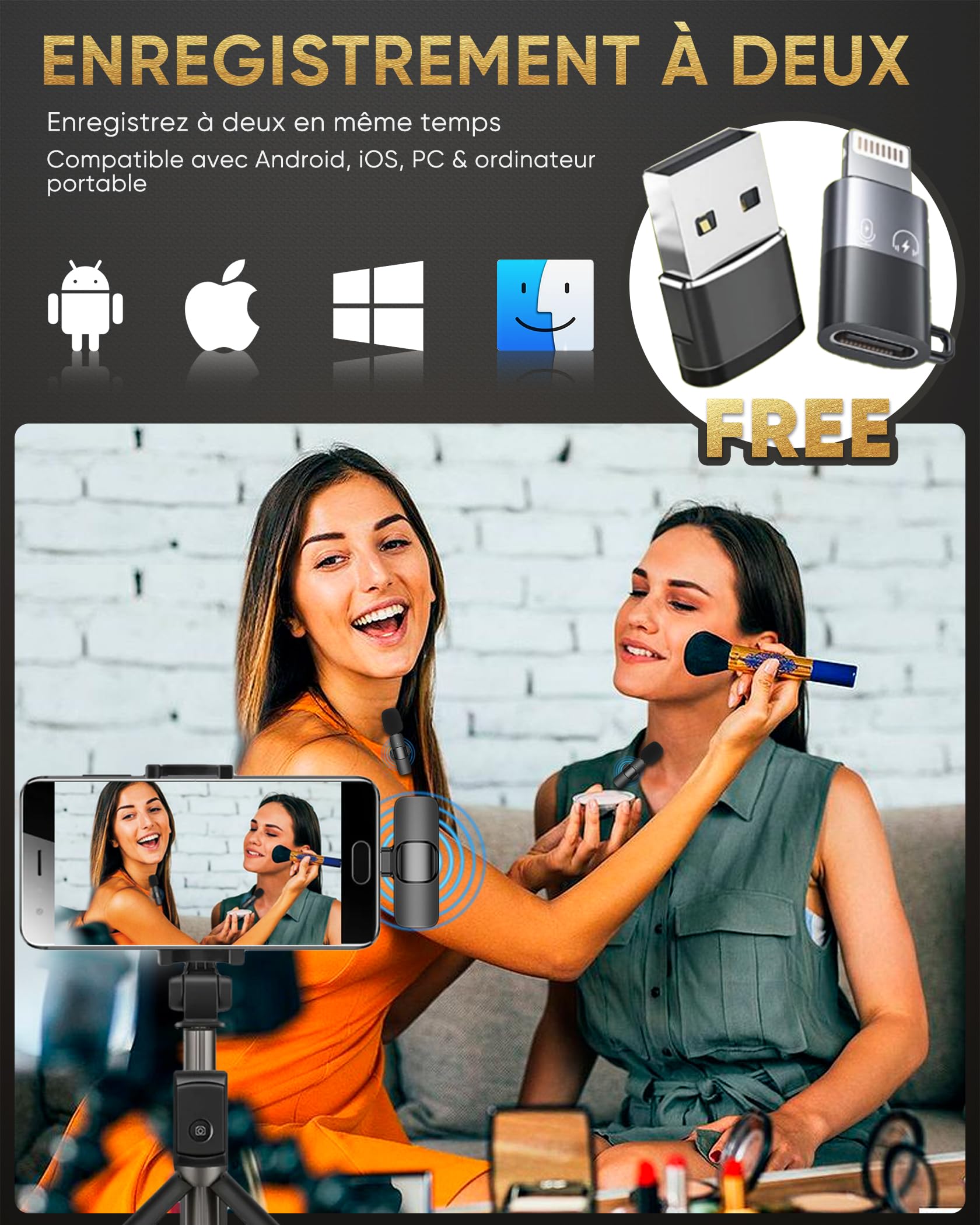 Micro Cravate sans Fil pour iPhone/iPad/Téléphone Android/Ordinateur Portable, IUMAKEVP Plug-Play Microphone à Clipser Revers avec Réduction du Bruit pour Enregistrement Vidéo/Vapeur en Direct(2 Mics)