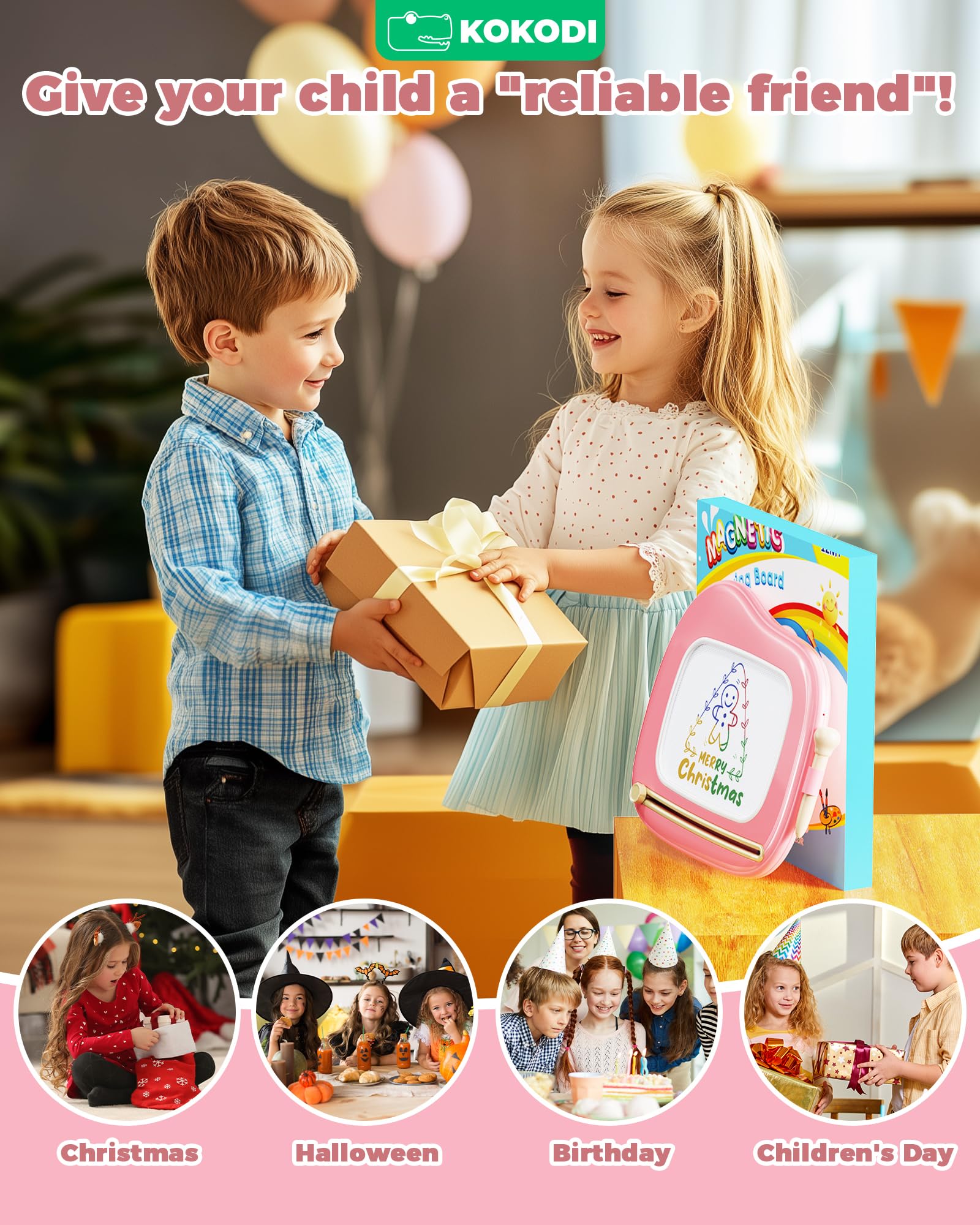 KOKODI Magnetische Maltafel Kinder Zaubertafel, Magnet Zeichentafel Löschbar, Lernspielzeug ab 1 Jahre, Spielzeug für Kinder 1–7 Jahre, Kinderspielzeug Geschenk für Mädchen Jungen (Rosa)