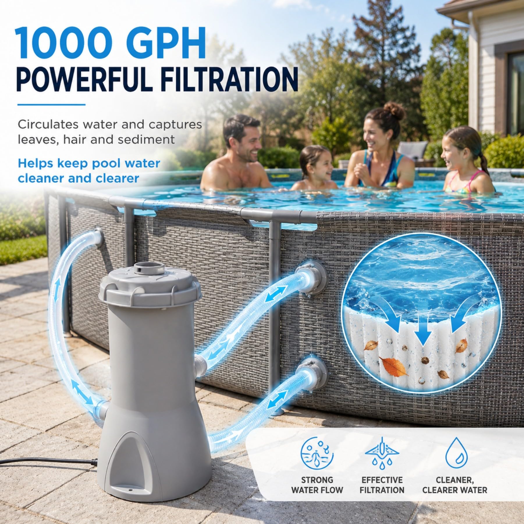 Pompa basenowa 1000 GPH, 80 W, przyłącze 32 mm, kompletny zestaw z wężem – cicha pompa filtrująca, pompa filtrująca, do małych i średnich basenów rozkładanych i basenów ramowych