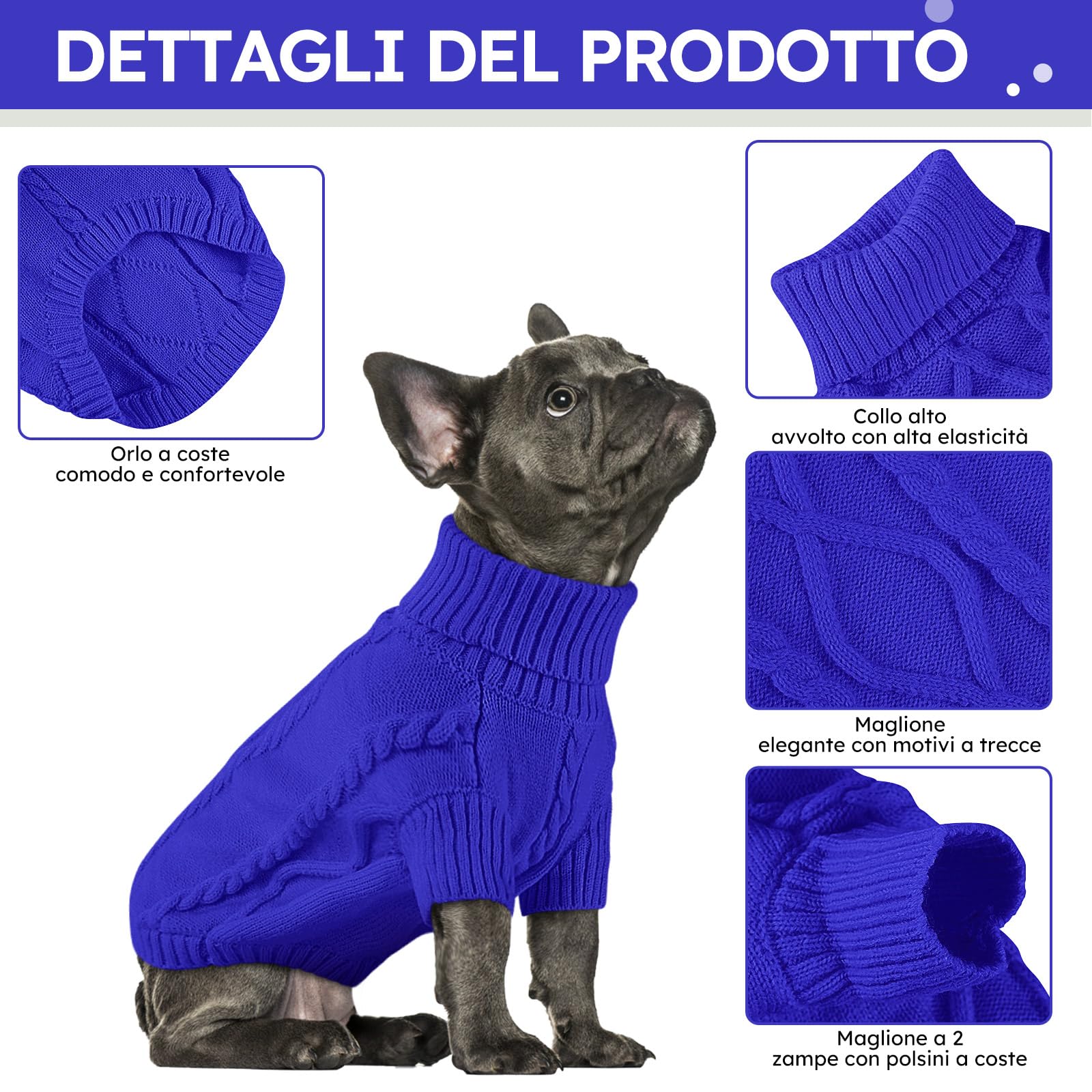 Queenmore Maglione Per Cani Taglia Media, Maglioncino Bassotto Caldo, Felpa A Collo Alto Ritorto, Vestiti Per Gatti, Elastico Per Bulldog Francese Barboncino Chihuahua, Blu, M