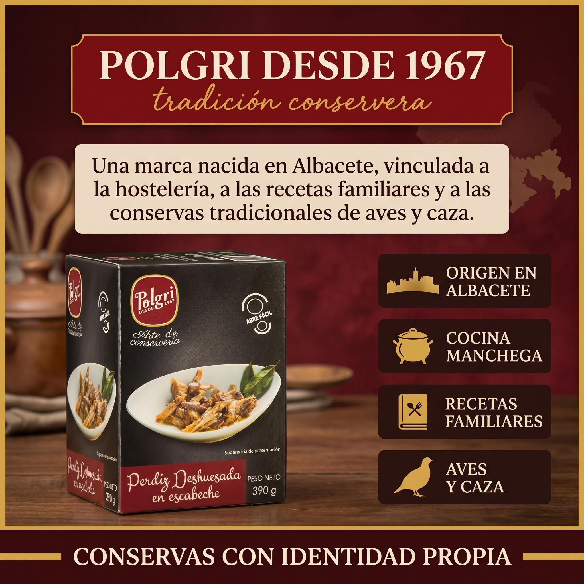 POLGRI Perdiz Deshuesada en Escabeche 390 g Lata Conserva Gourmet Carne de Caza Aperitivo Artesano Receta Manchega Tradicional 50% Carne Real Desde 1967