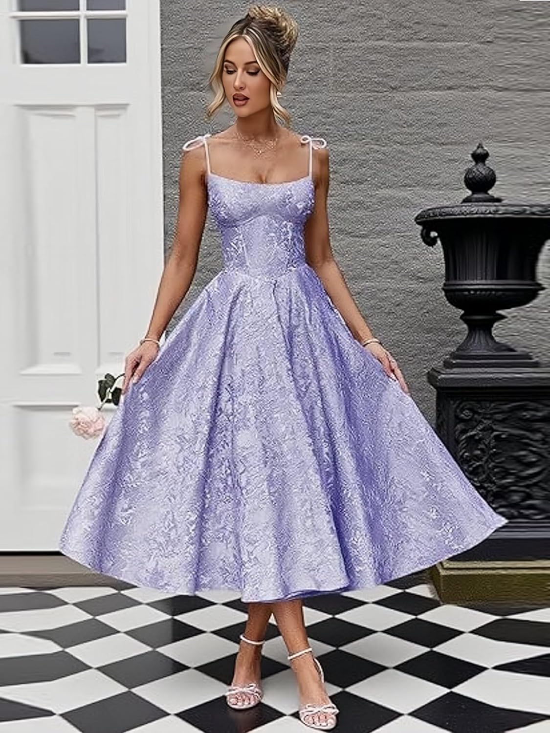 Satin Jacquard Tea Length Prom Dresses for Teens A Line Midi Formal Evening Party Gown 2026 - Image 3