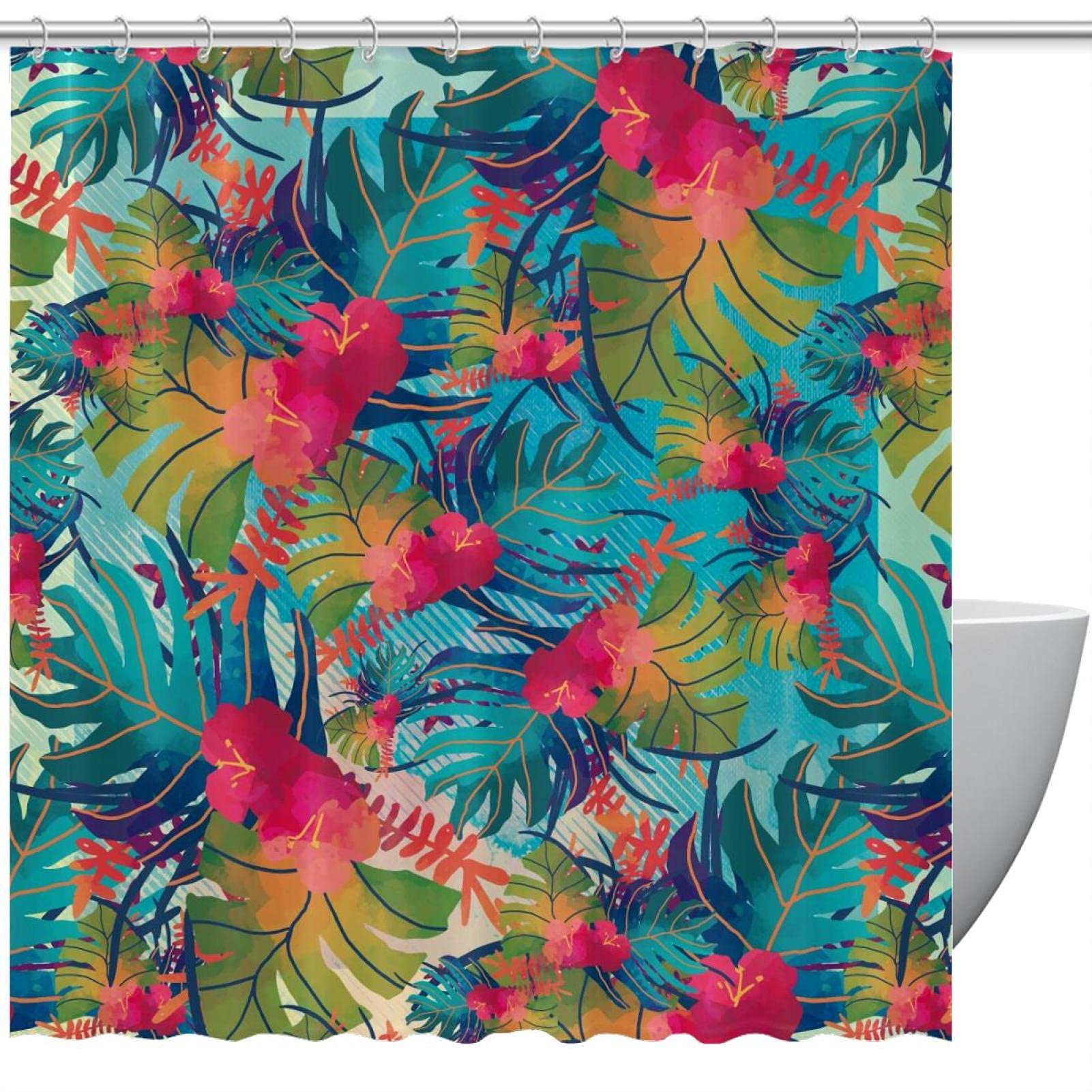 Rideau de douche en tissu tropical avec motif feuilles aquarelle pour salle de bain