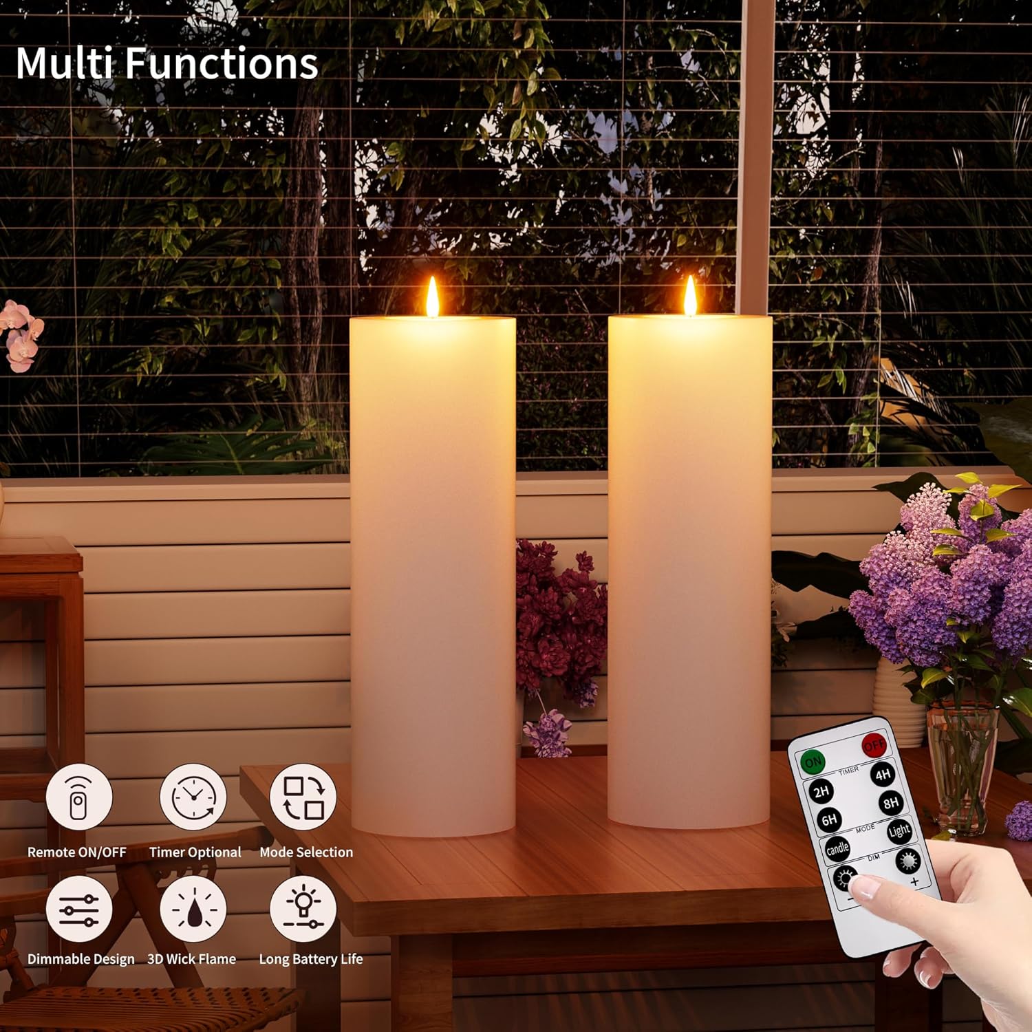 12" x 4" Large Outdoor Candles with Timer Waterproof Flickering LED Flameless Candles Battery Operated with Remote Fake Pillar Candles Realistic for Patio Porch Lanterns, White 2 Pack - Image 5