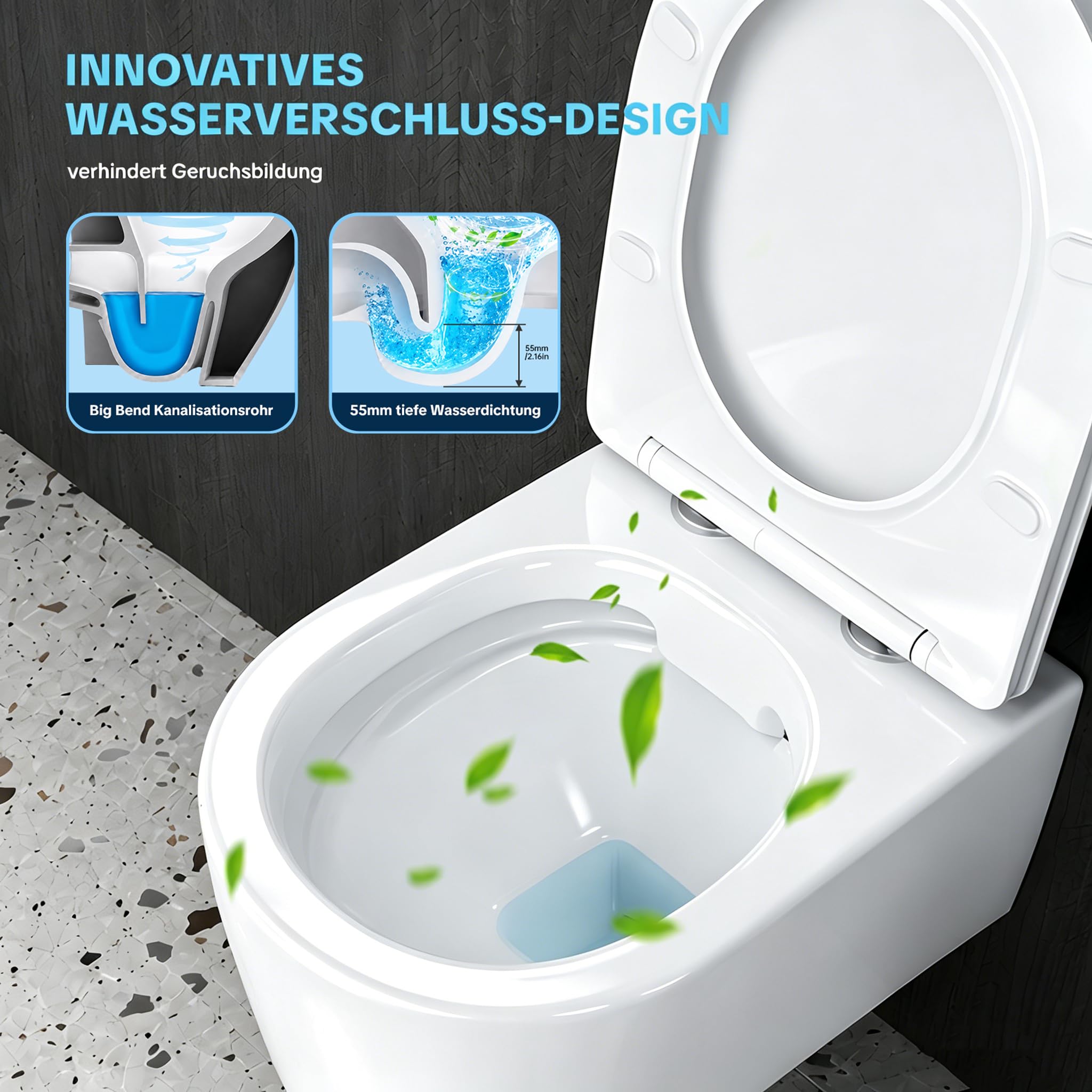 Randloses Wand-WC — Tiefspül-Design mit leistungsstarkem und wassersparendem Spülsystem, inklusive WC-Sitz mit Absenkautomatik und Schnellspanner, Weiß, 48,5 cm lang