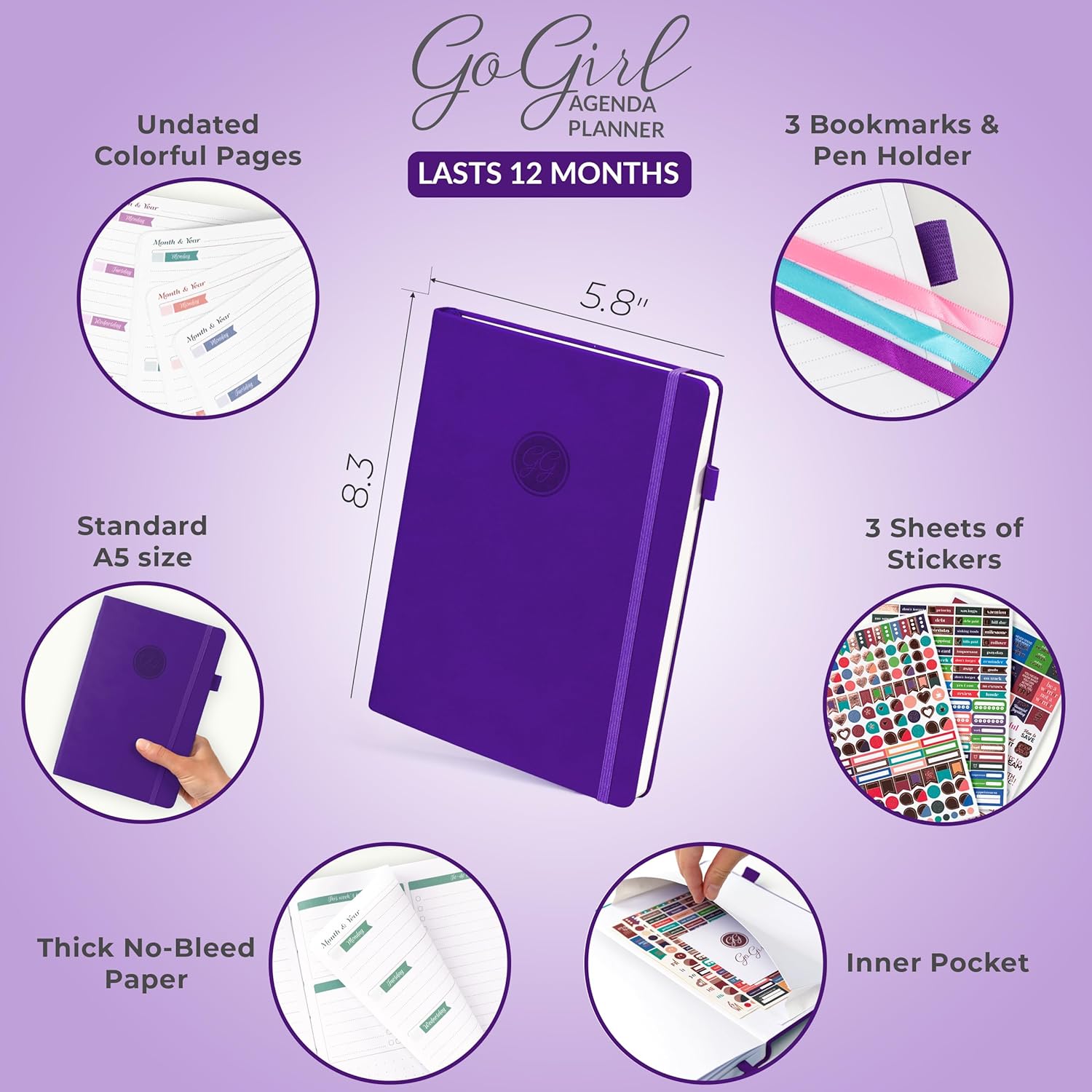 GoGirl Planner Agenda – Colorful Undated Monthly & Weekly Organizer for Women, Journal for Time Management & Productivity (Purple) Purple A5 (5.8'' x 8.3'')
