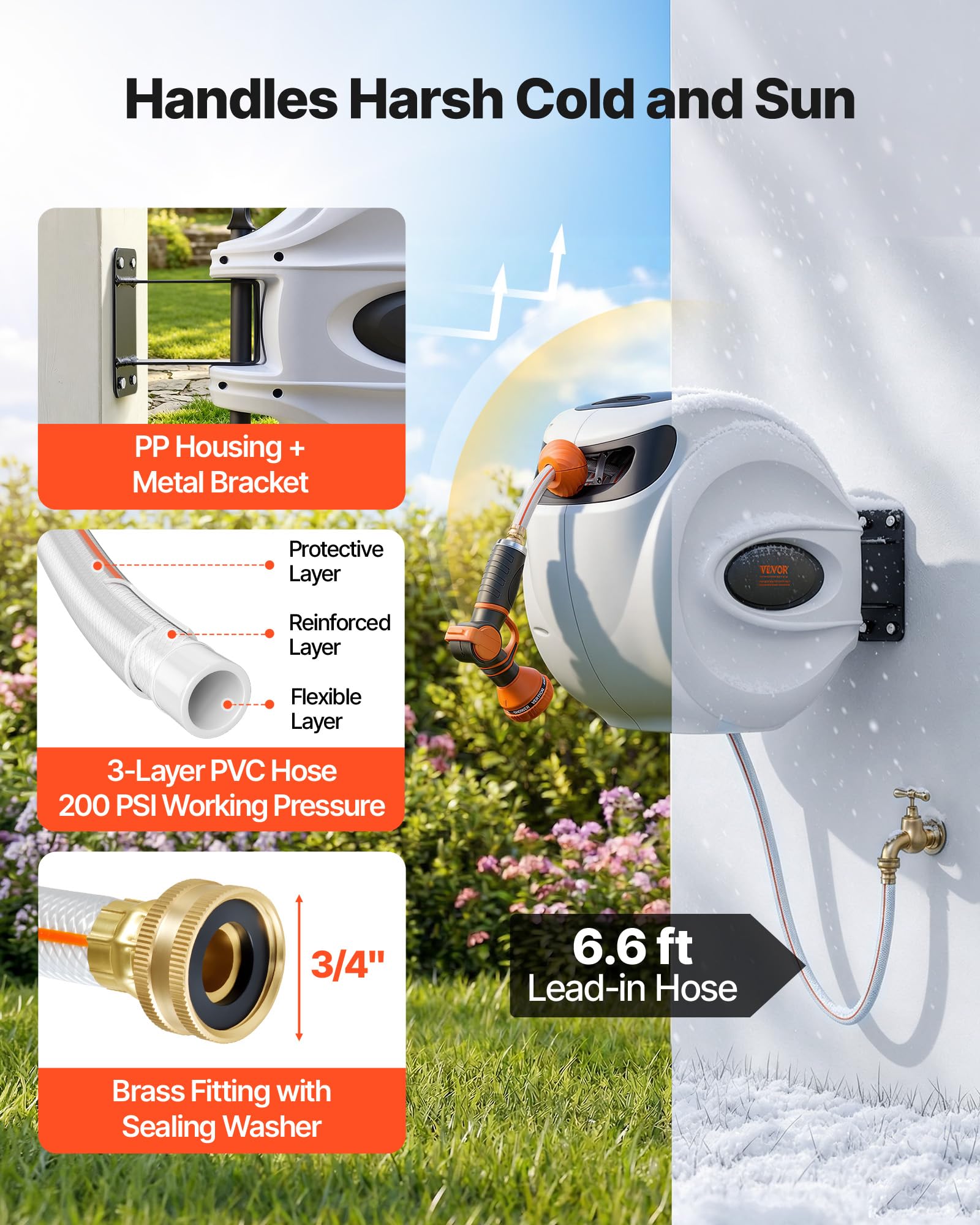 VEVOR Avvolgitubo Retrattile per Tubo da Giardino Avvolgitubo da Giardino Fissaggio da Parete Diametro 12 mm con Ugello a 9 Modelli, Sistema di Ritorno Riavvolgimento Staffa Girevole a 180°
